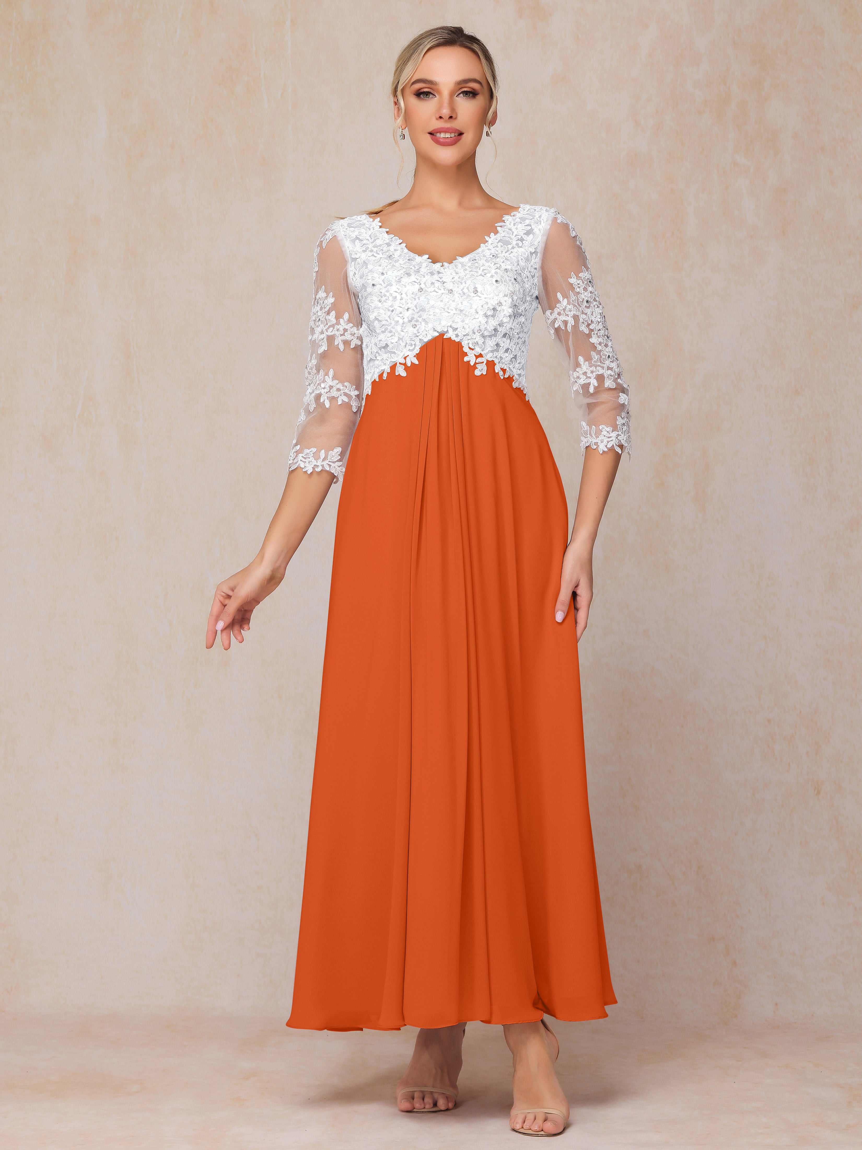 3/4 Sleeves A Line Ankle Length Chiffon Lace Mother Of The Bride Dress