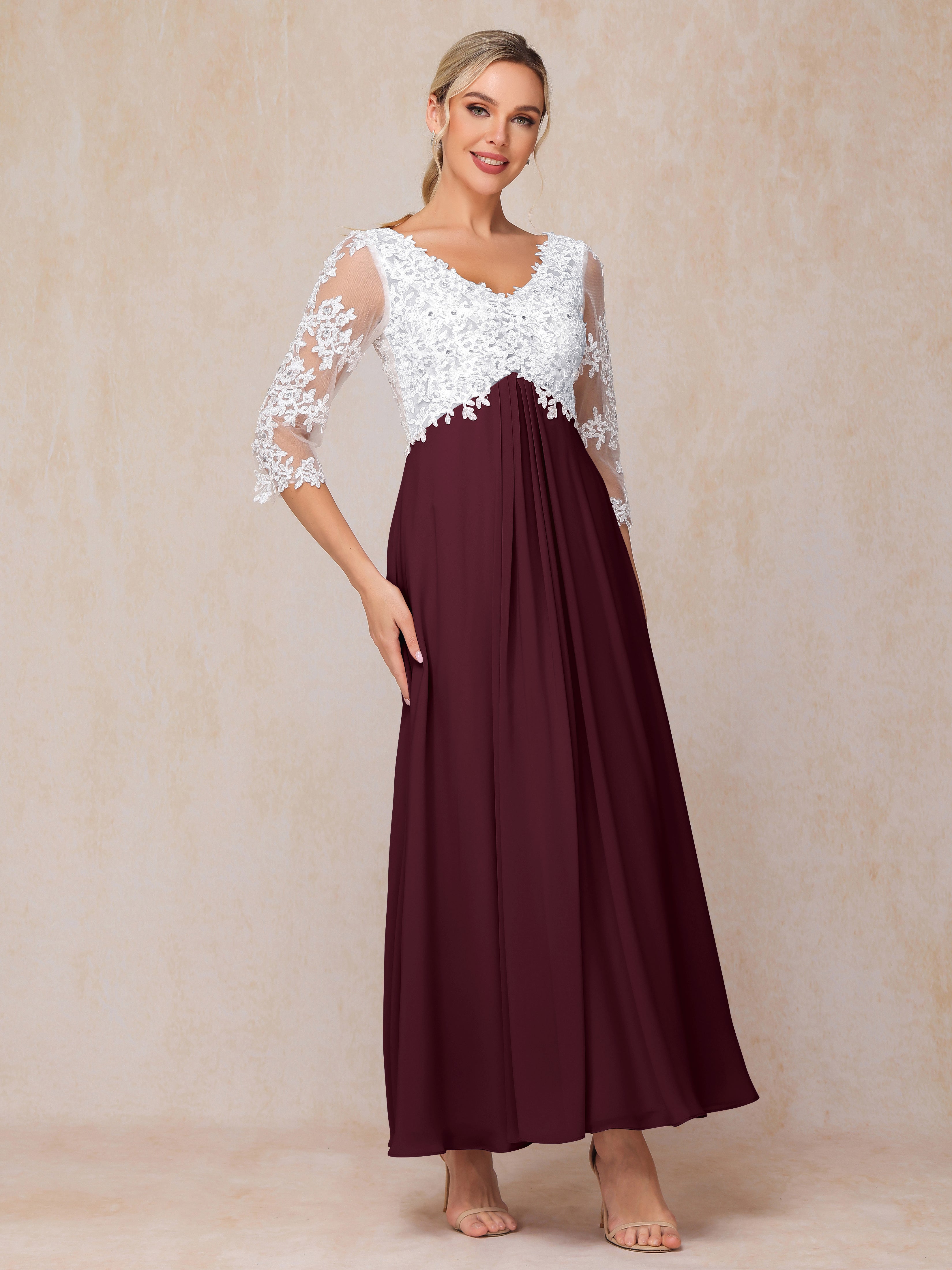 3/4 Sleeves A Line Ankle Length Chiffon Lace Mother Of The Bride Dress