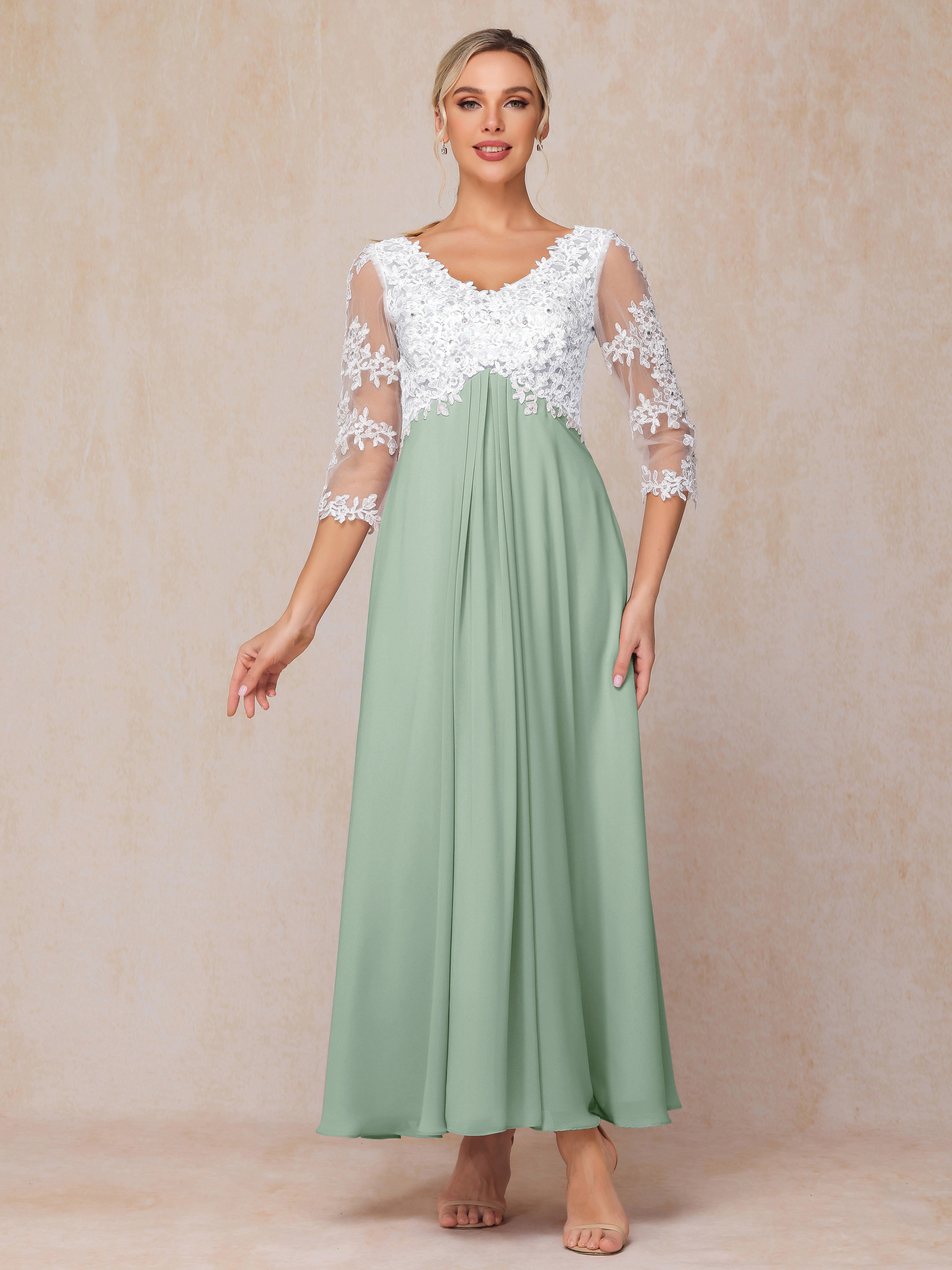 3/4 Sleeves A Line Ankle Length Chiffon Lace Mother Of The Bride Dress