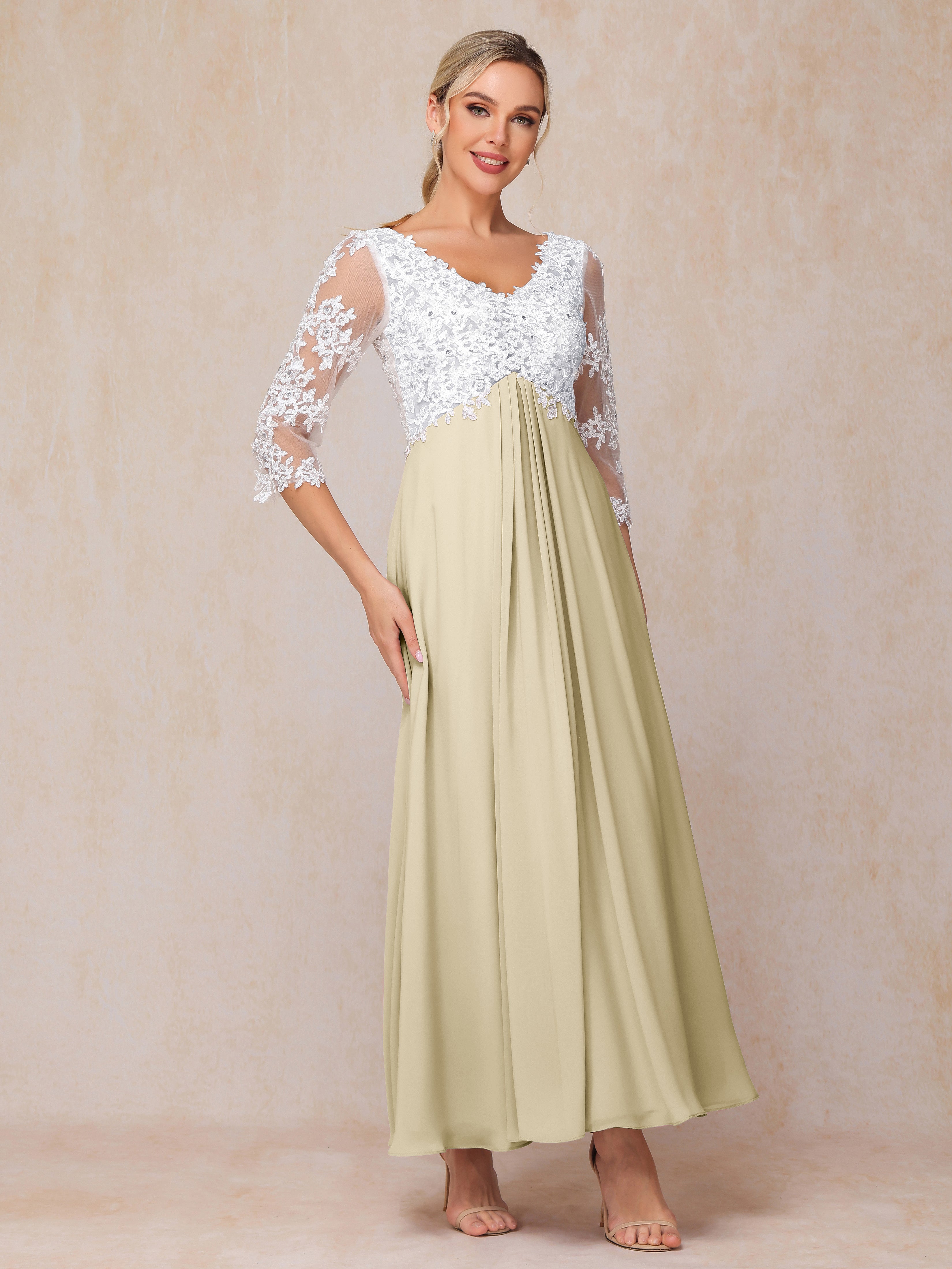 3/4 Sleeves A Line Ankle Length Chiffon Lace Mother Of The Bride Dress