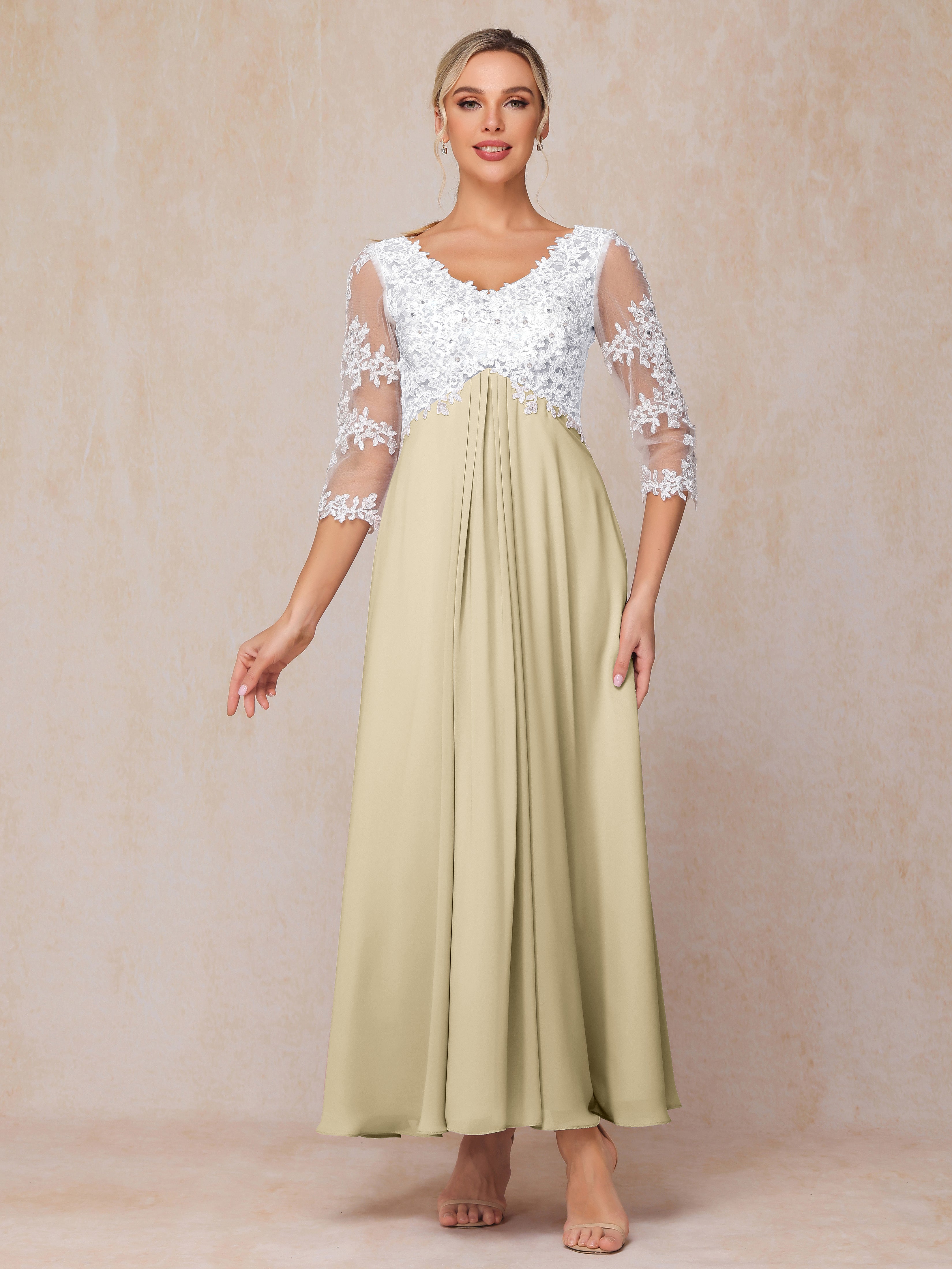 3/4 Sleeves A Line Ankle Length Chiffon Lace Mother Of The Bride Dress