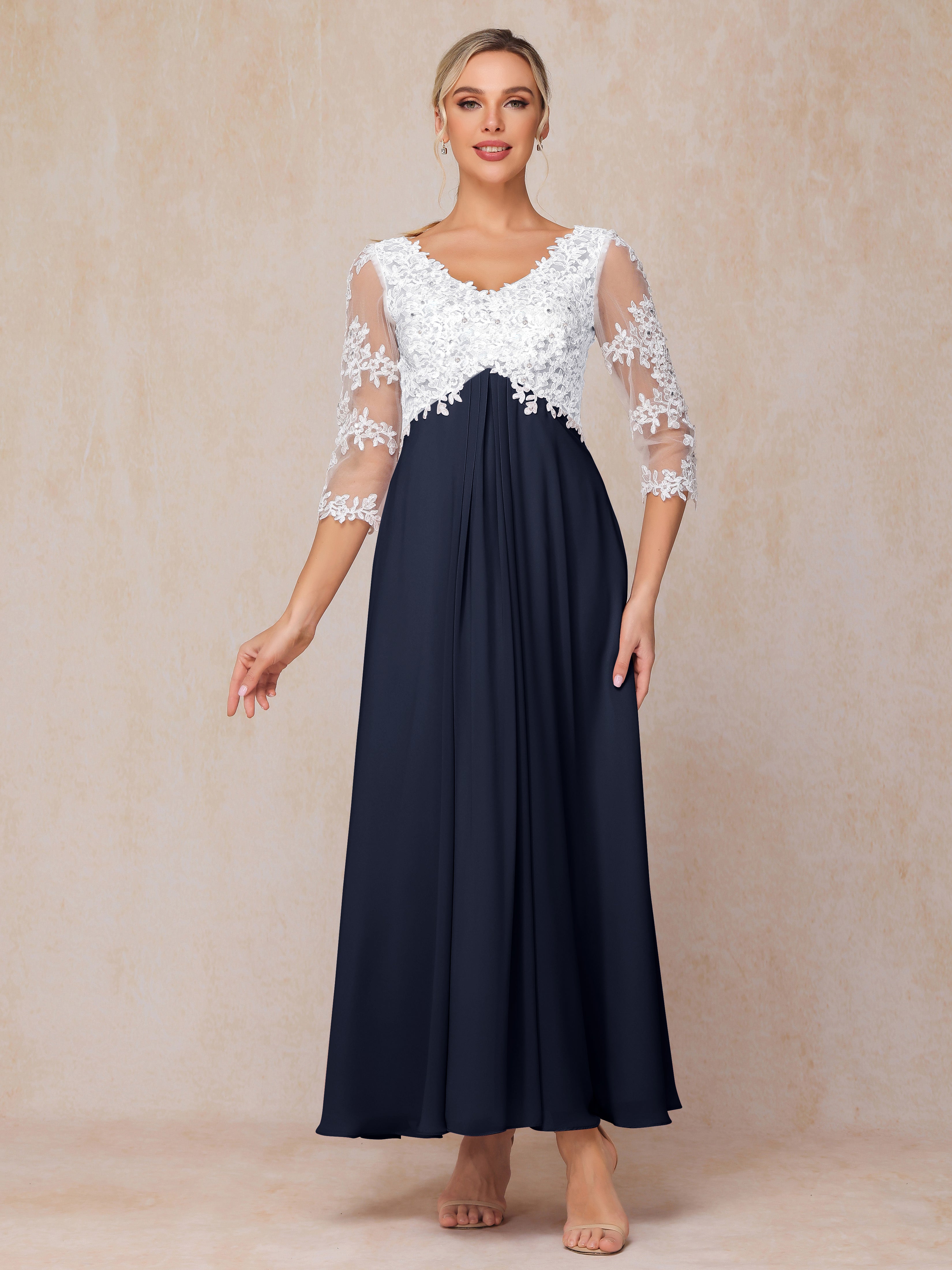 3/4 Sleeves A Line Ankle Length Chiffon Lace Mother Of The Bride Dress