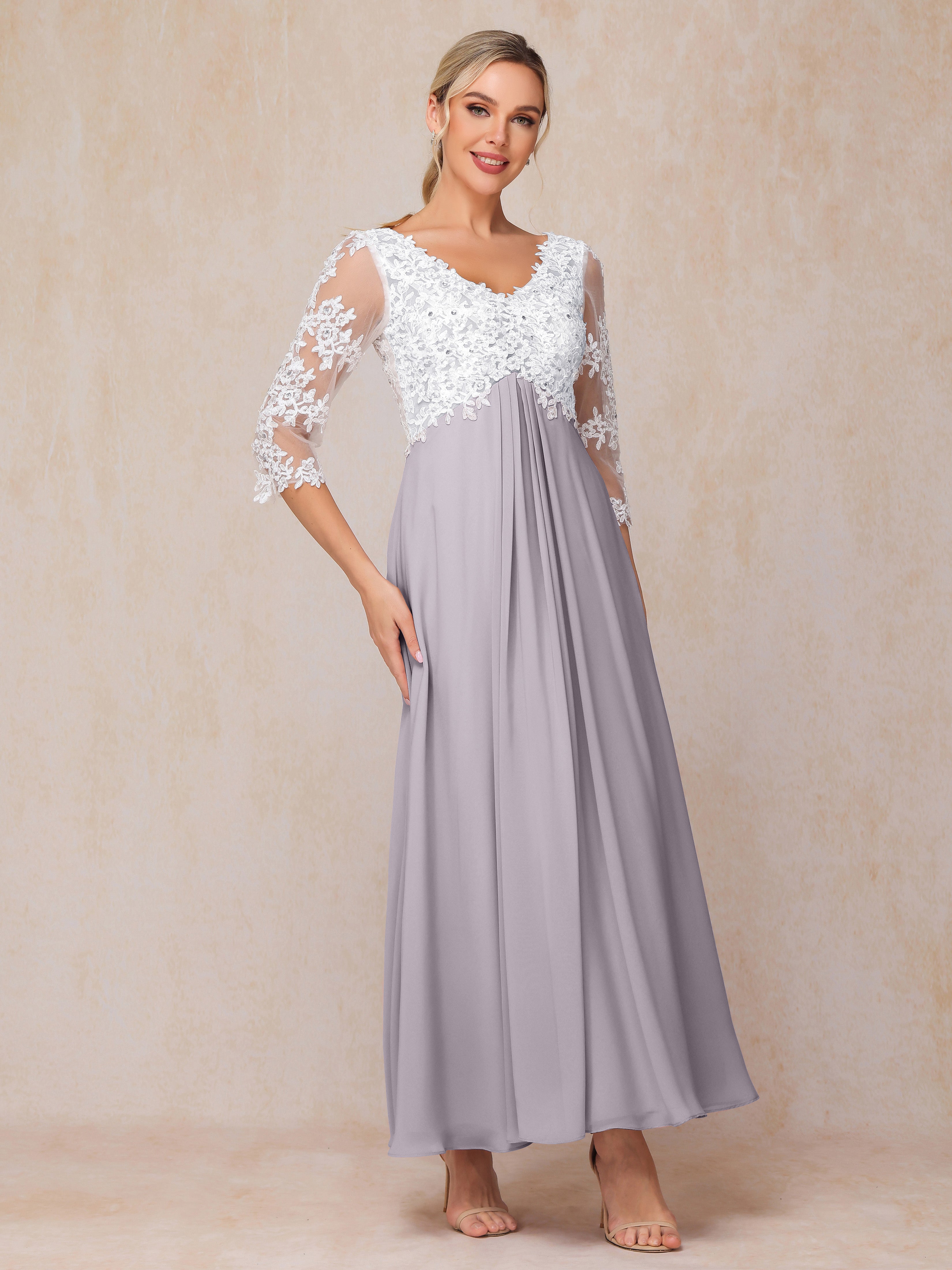 3/4 Sleeves A Line Ankle Length Chiffon Lace Mother Of The Bride Dress