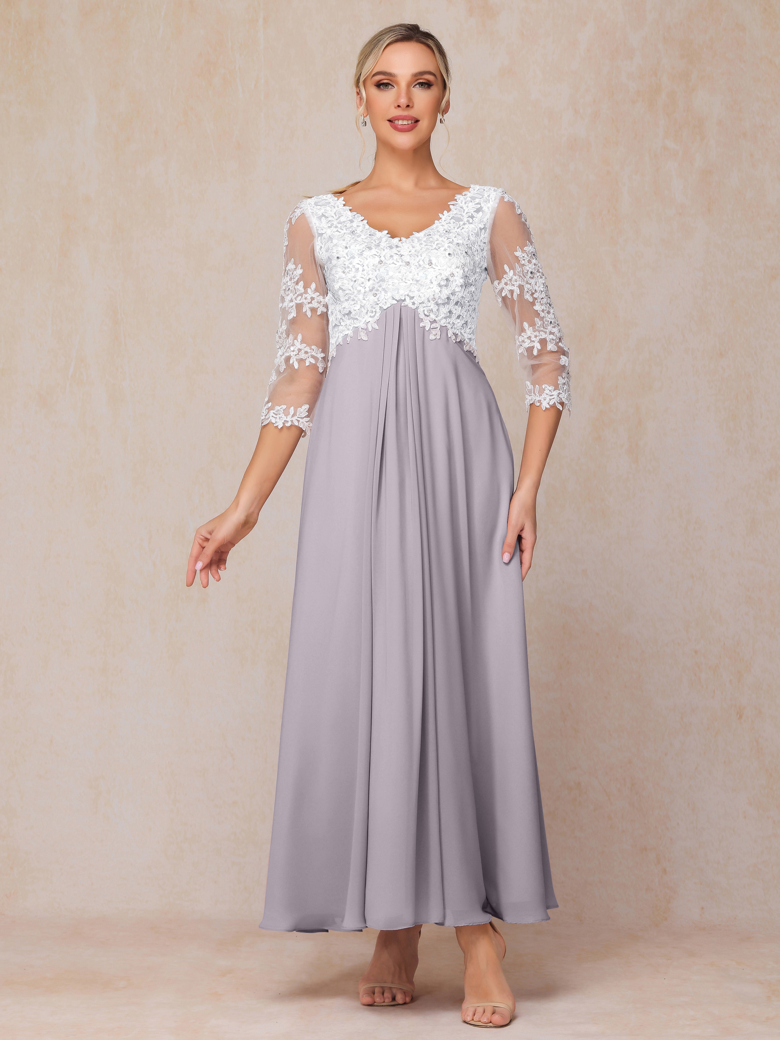 3/4 Sleeves A Line Ankle Length Chiffon Lace Mother Of The Bride Dress