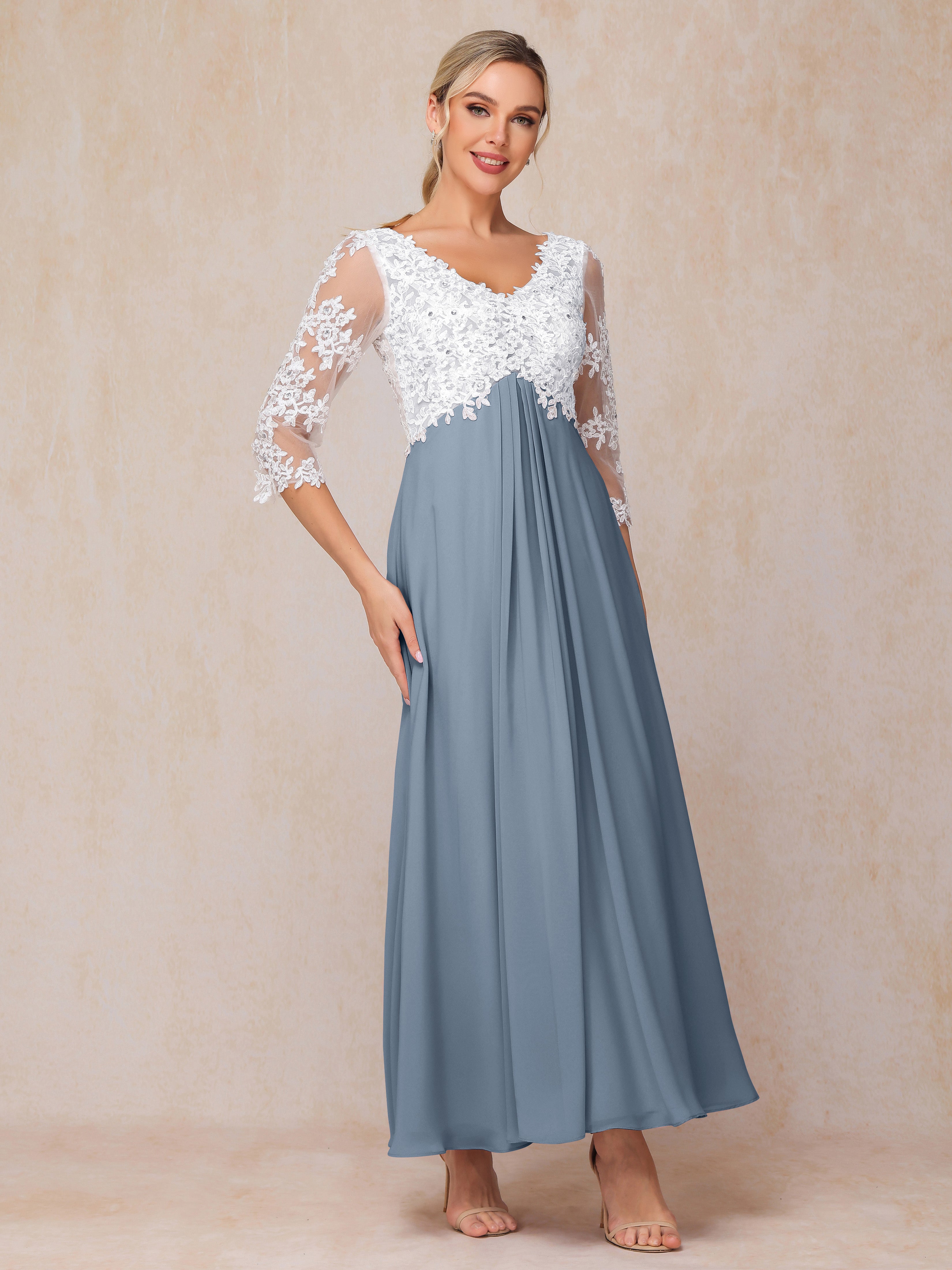 3/4 Sleeves A Line Ankle Length Chiffon Lace Mother Of The Bride Dress