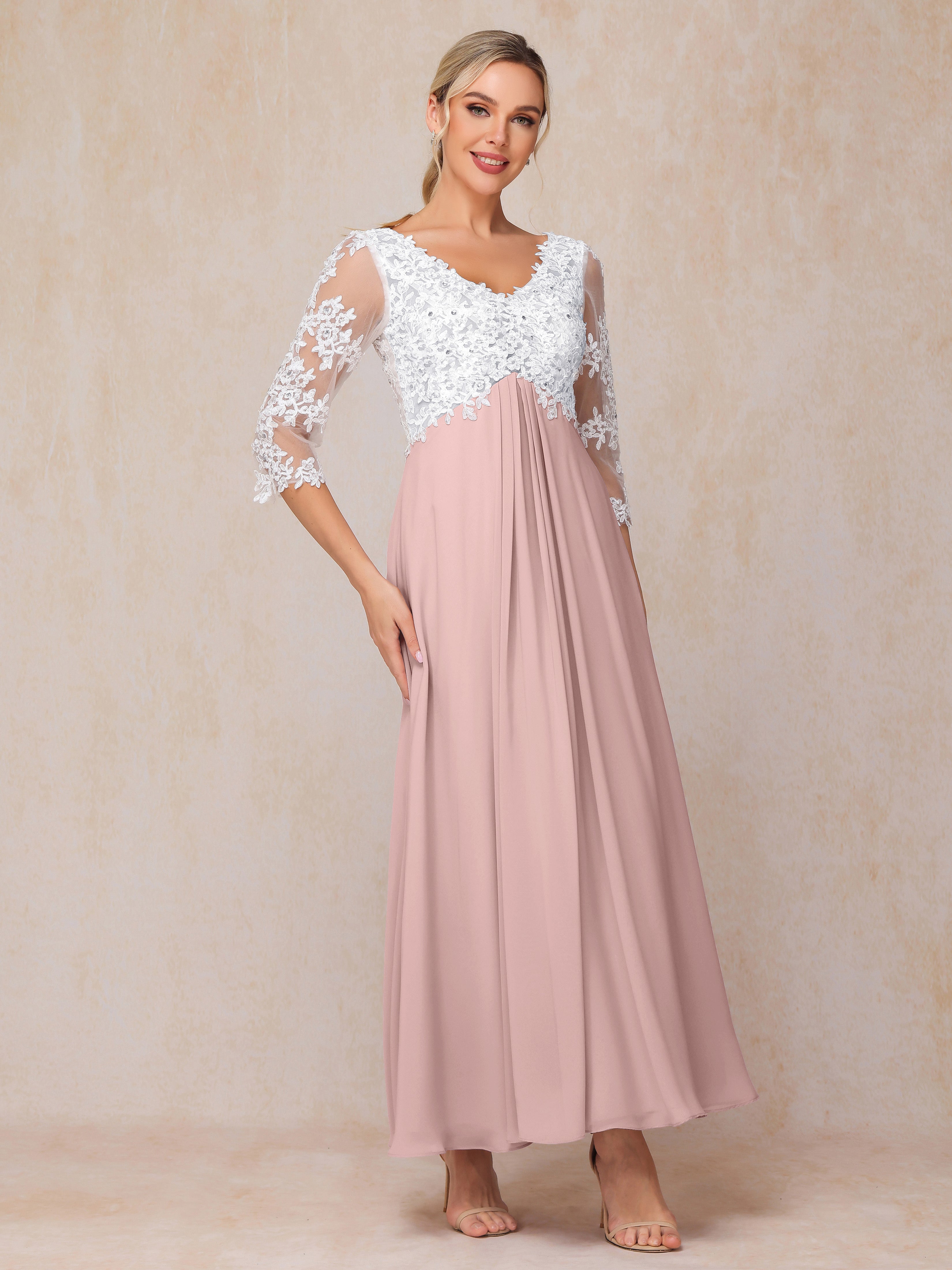 3/4 Sleeves A Line Ankle Length Chiffon Lace Mother Of The Bride Dress