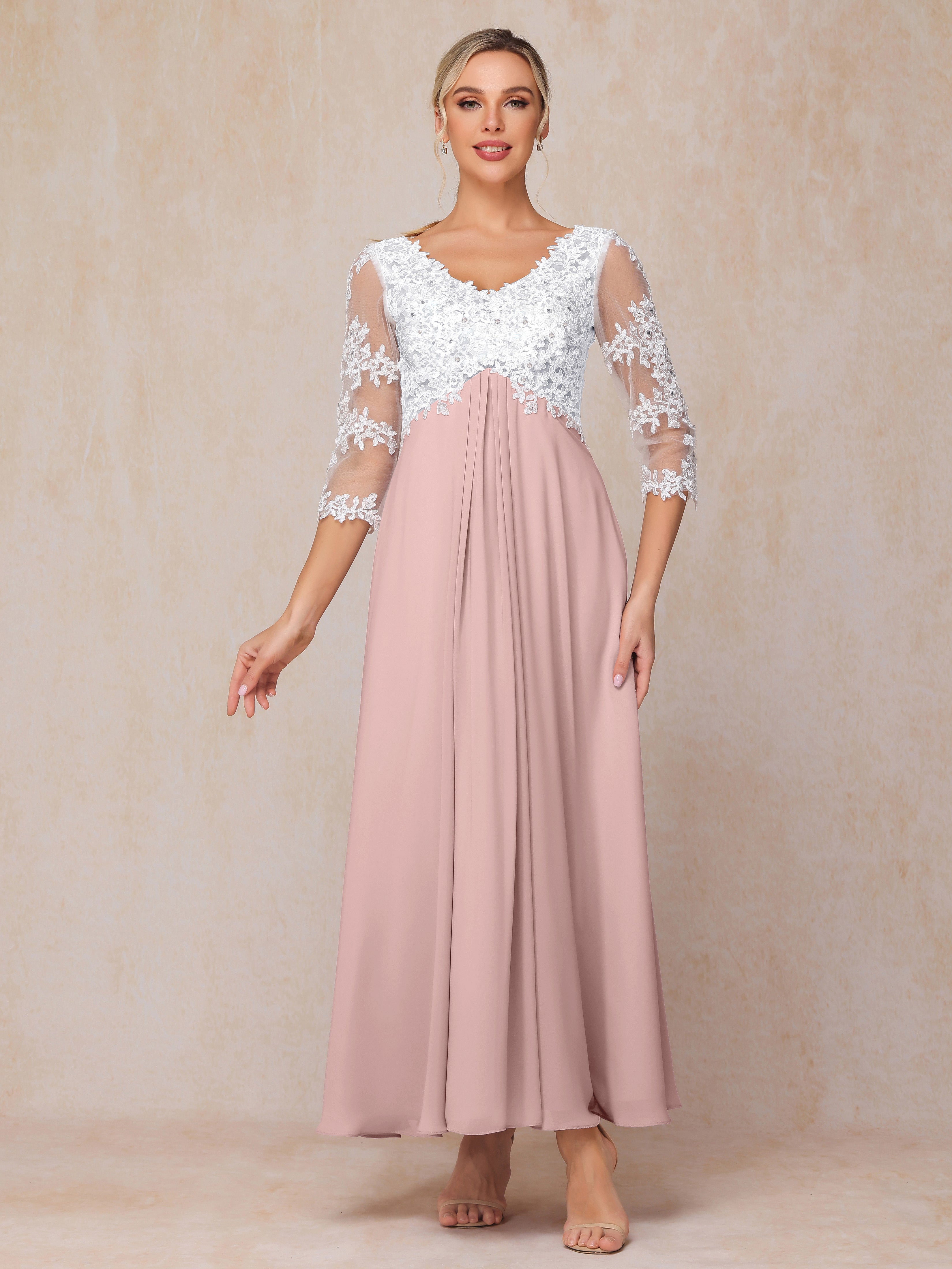 3/4 Sleeves A Line Ankle Length Chiffon Lace Mother Of The Bride Dress