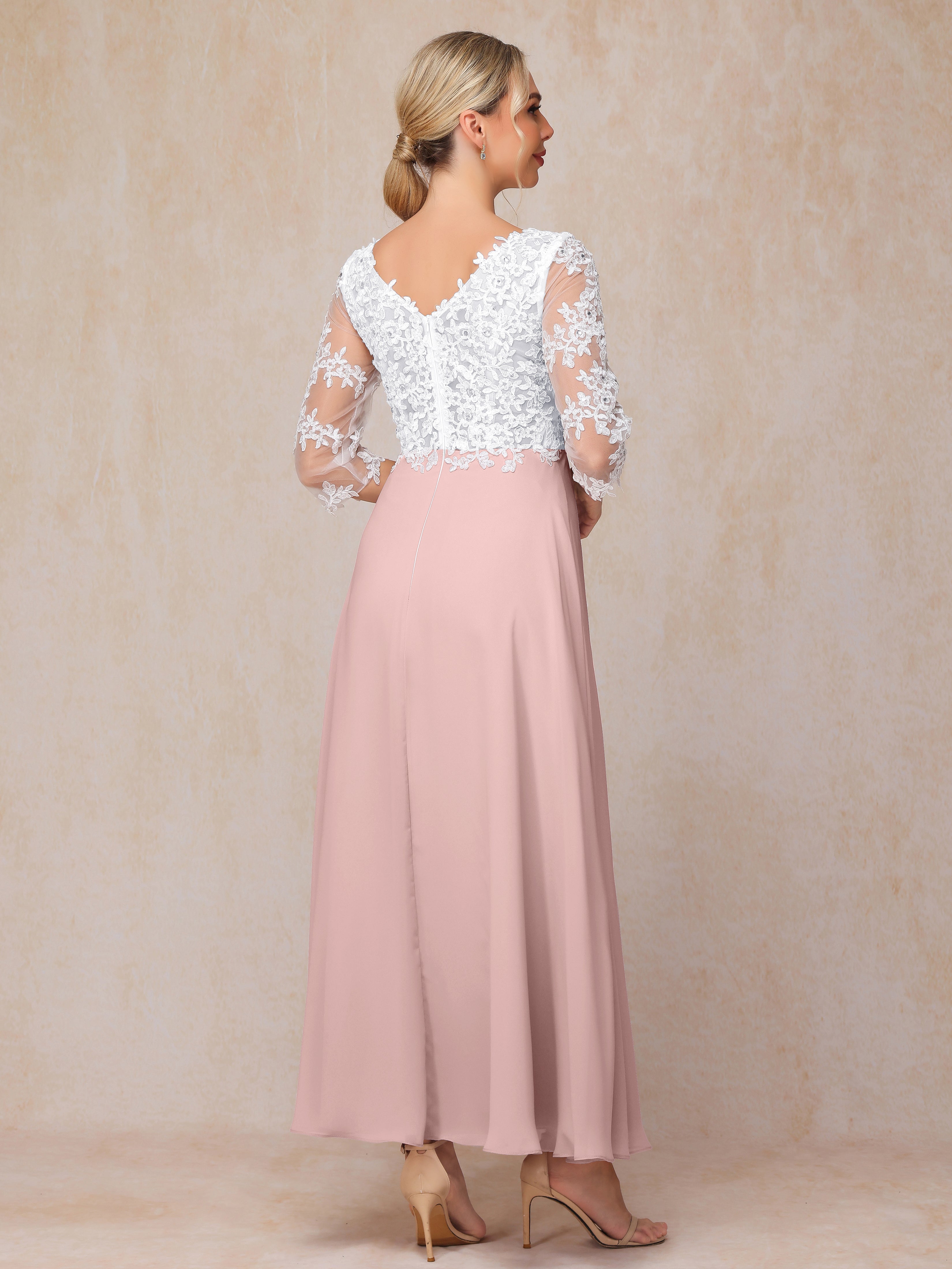 3/4 Sleeves A Line Ankle Length Chiffon Lace Mother Of The Bride Dress