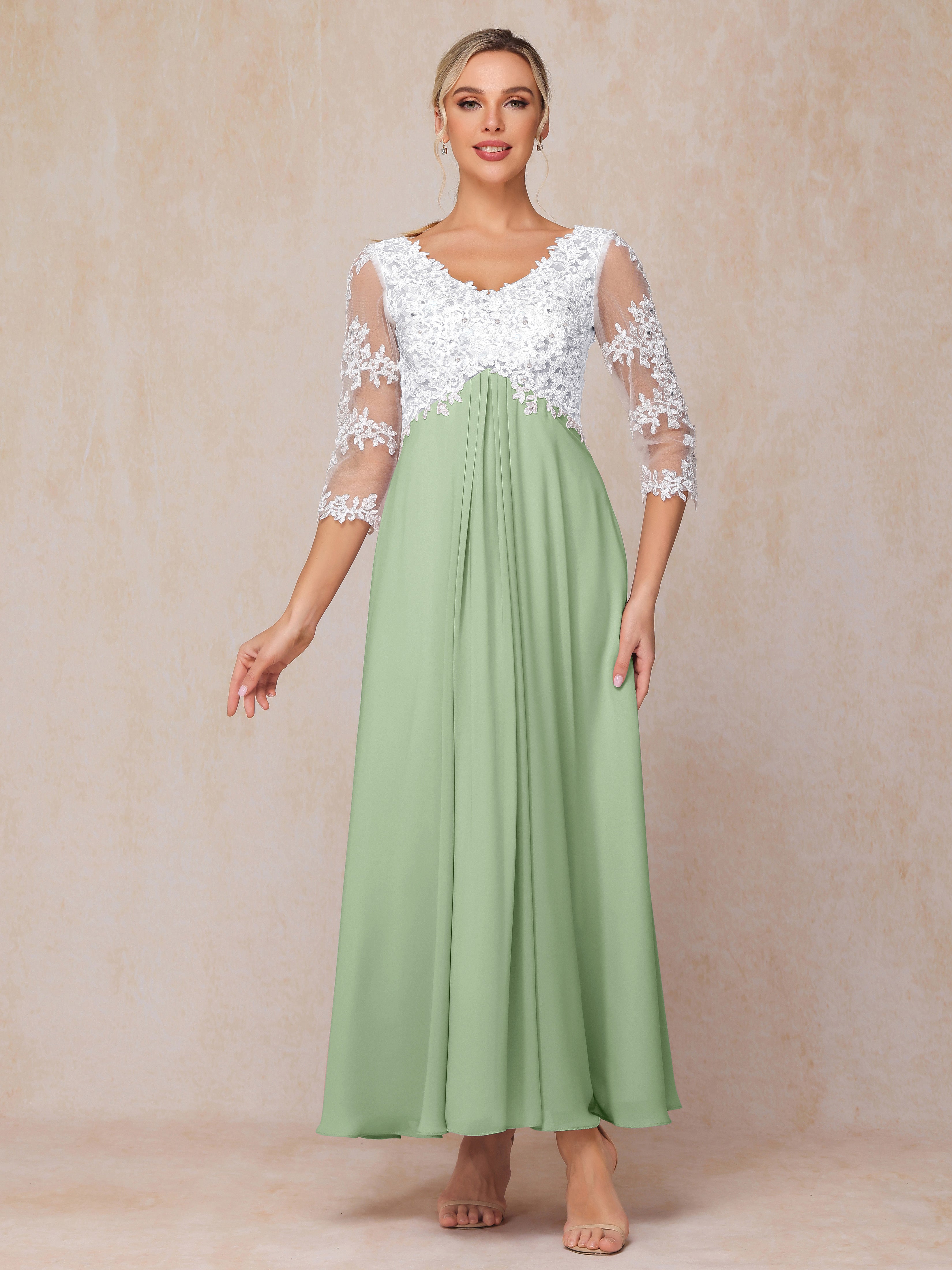 3/4 Sleeves A Line Ankle Length Chiffon Lace Mother Of The Bride Dress