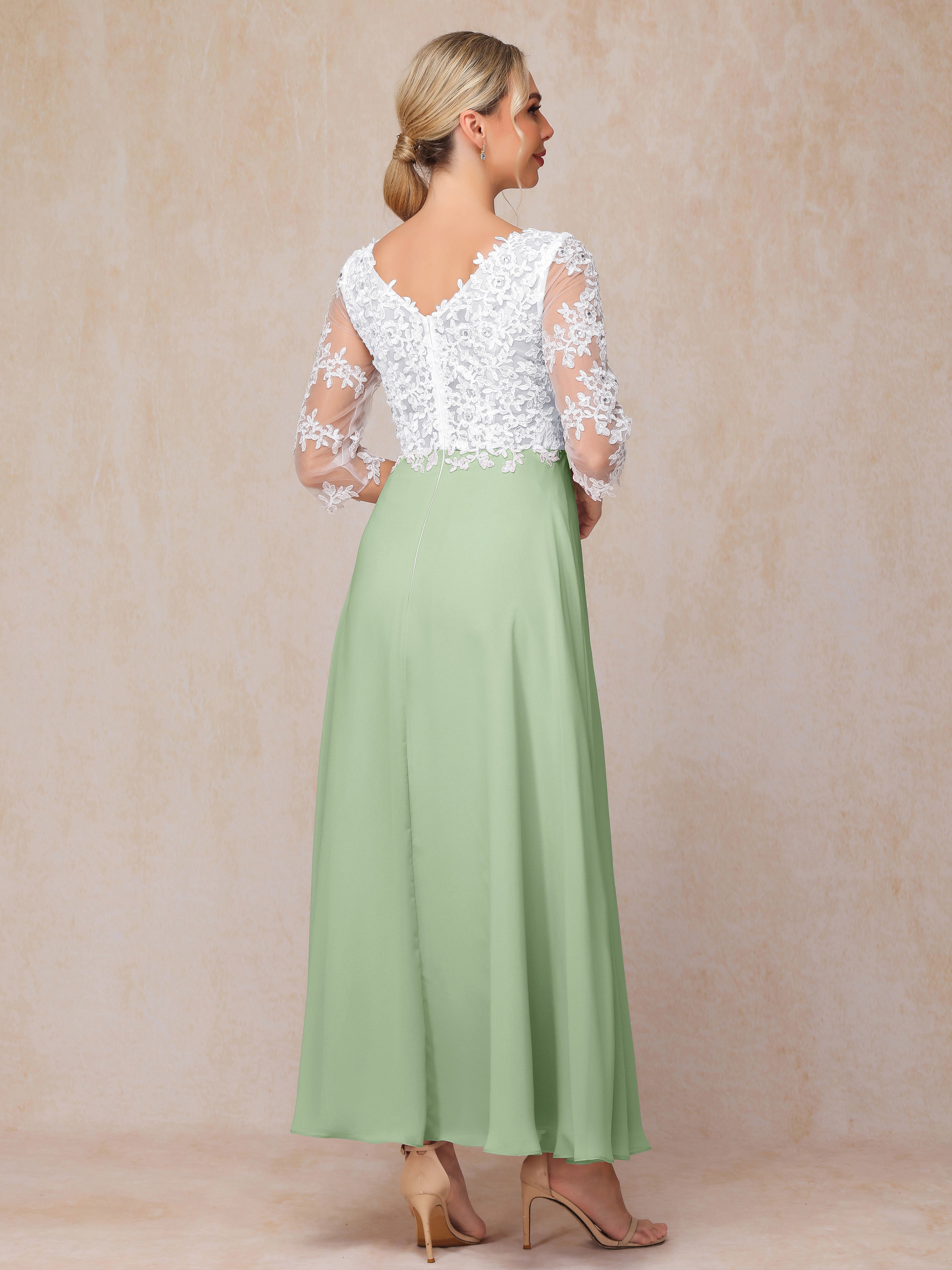 3/4 Sleeves A Line Ankle Length Chiffon Lace Mother Of The Bride Dress