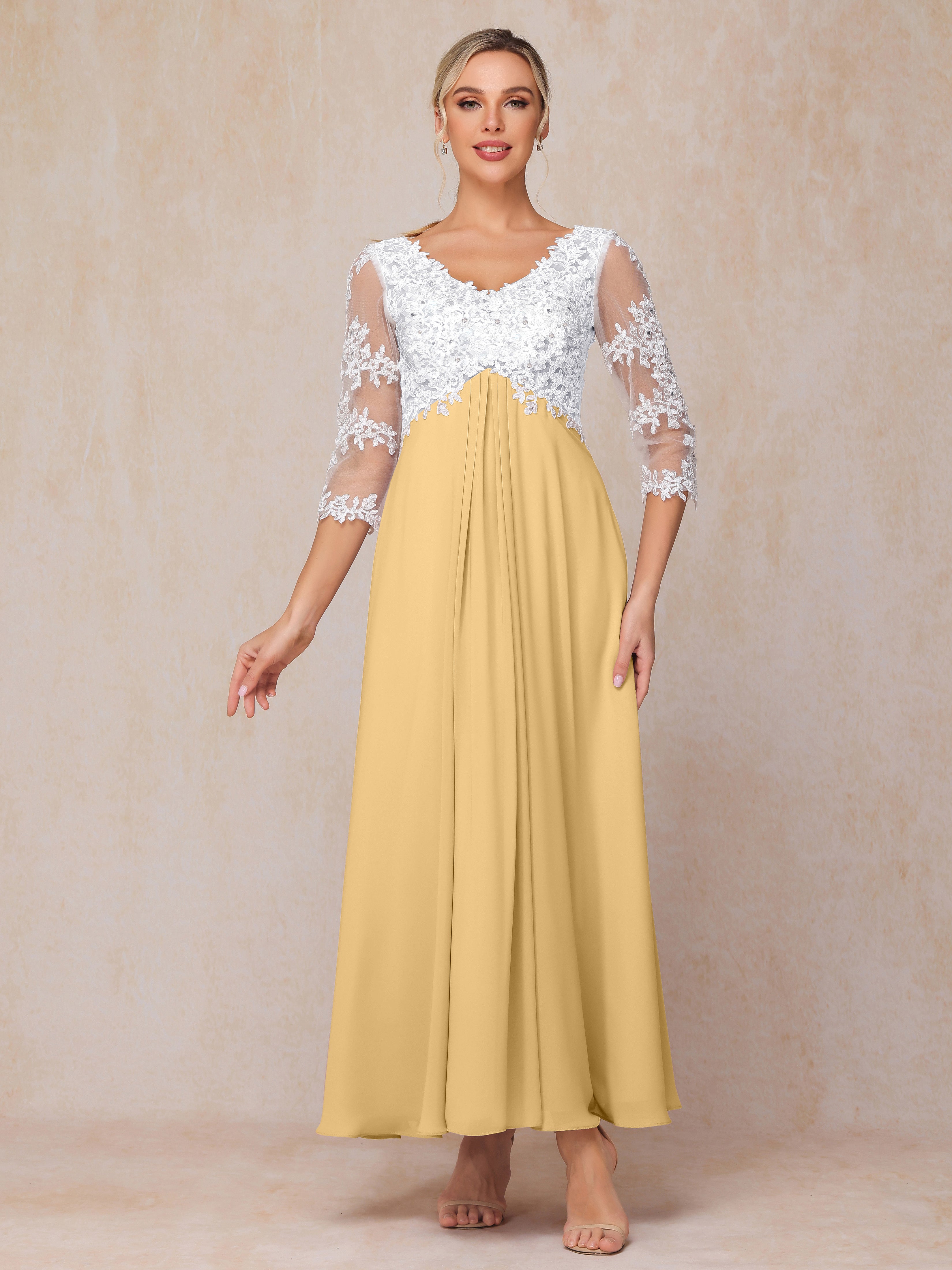 3/4 Sleeves A Line Ankle Length Chiffon Lace Mother Of The Bride Dress