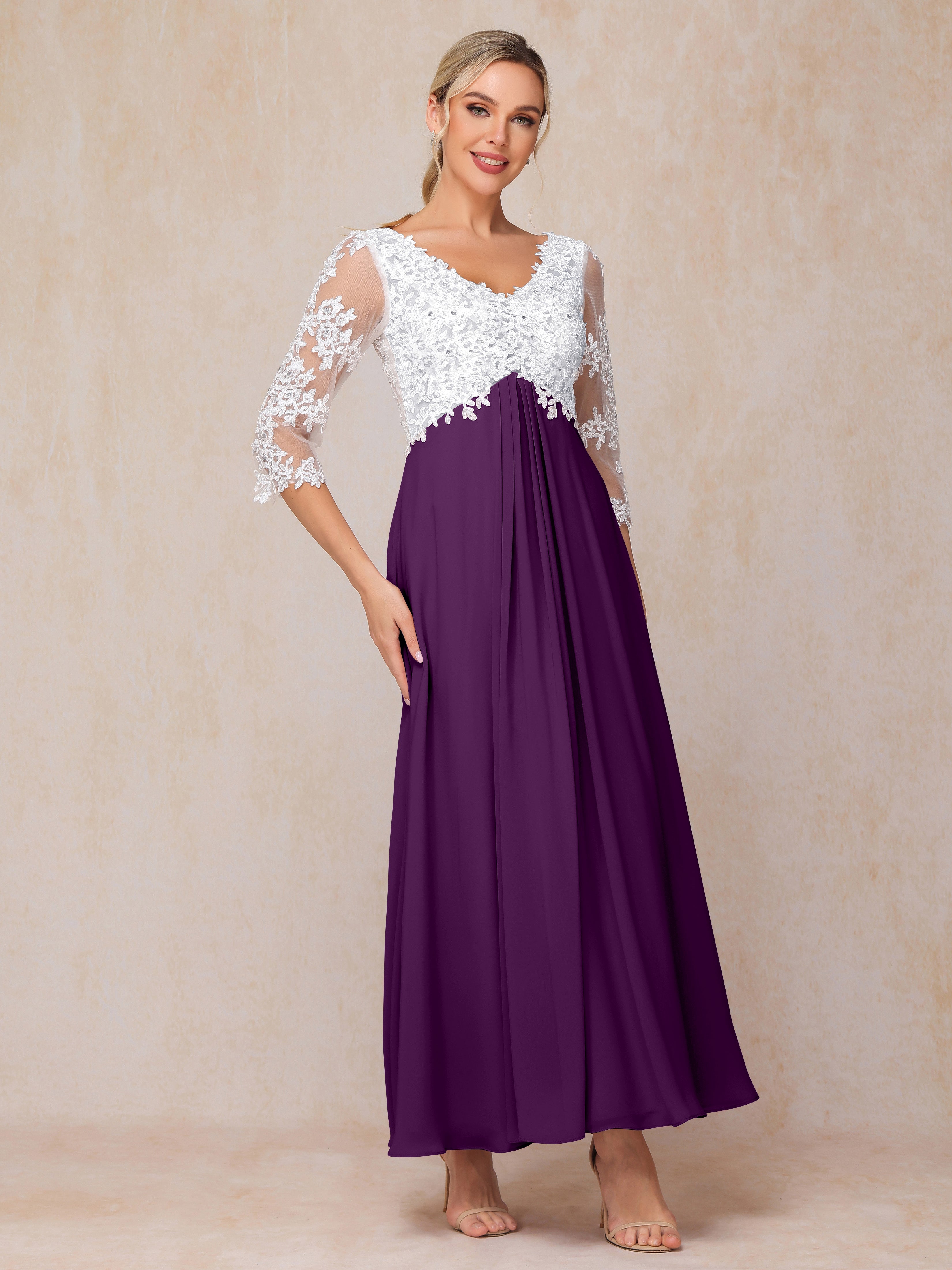 3/4 Sleeves A Line Ankle Length Chiffon Lace Mother Of The  Groom Dress