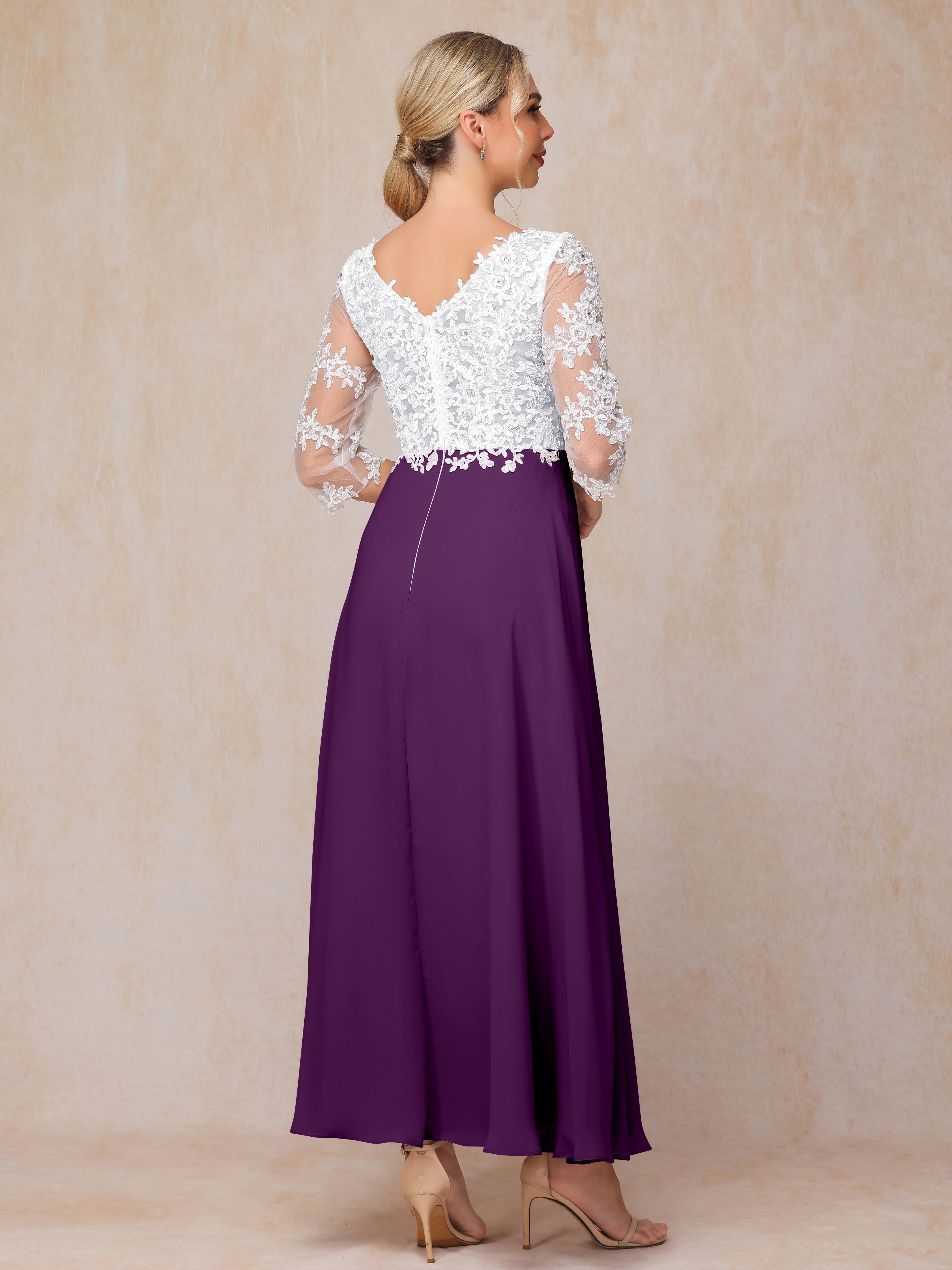 3/4 Sleeves A Line Ankle Length Chiffon Lace Mother Of The Bride Dress