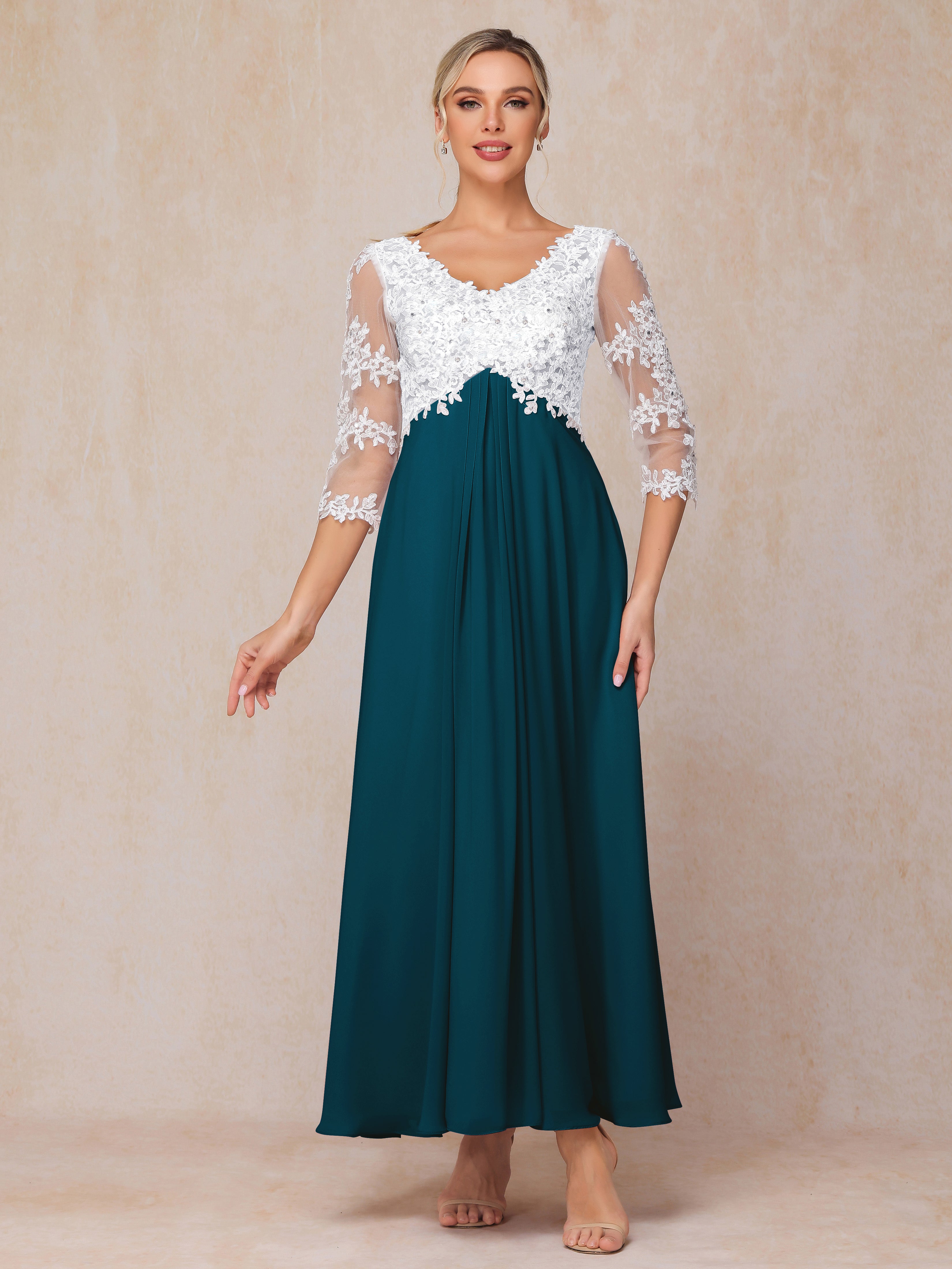 3/4 Sleeves A Line Ankle Length Chiffon Lace Mother Of The Bride Dress