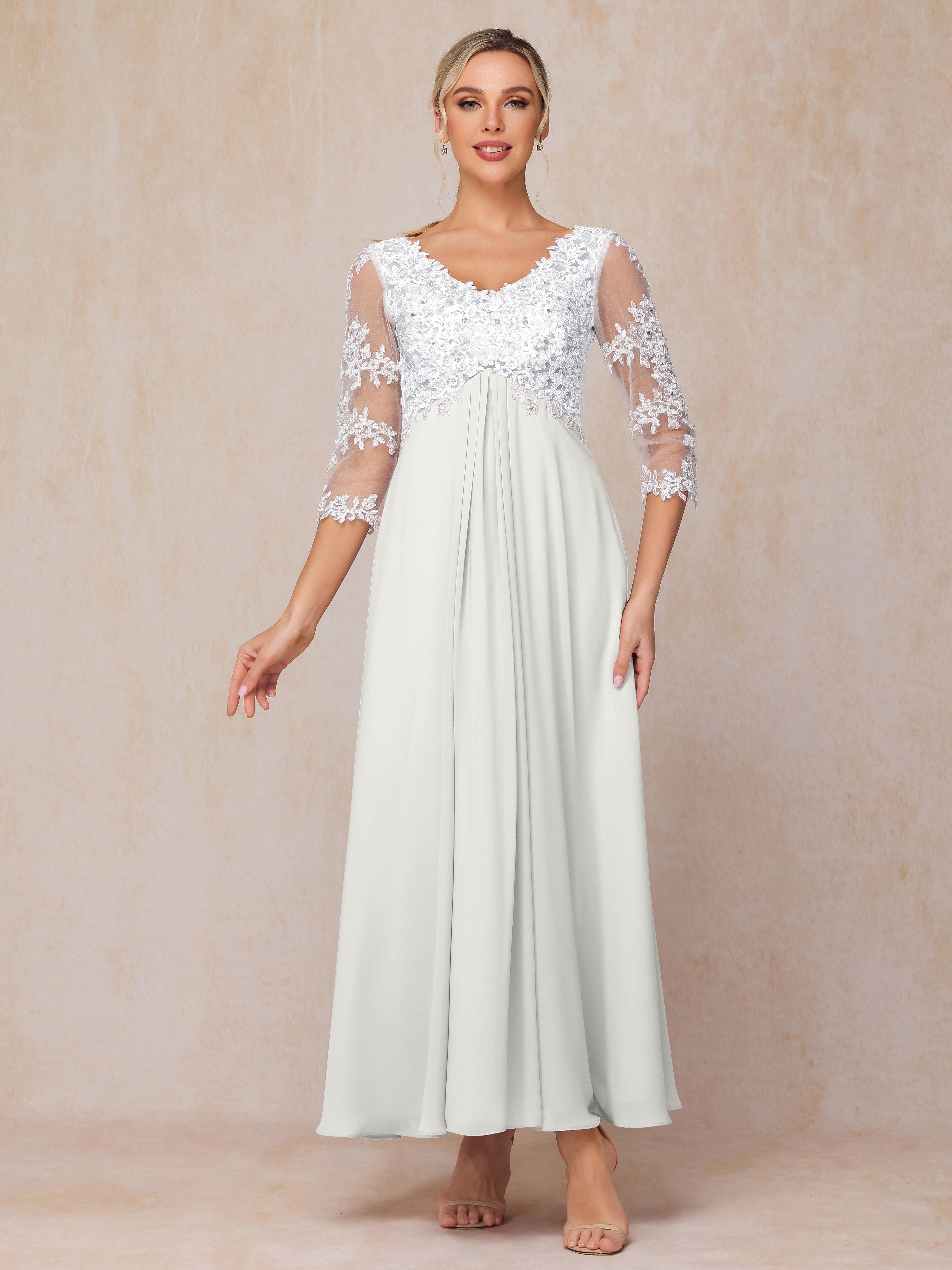 3/4 Sleeves A Line Ankle Length Chiffon Lace Mother Of The Bride Dress