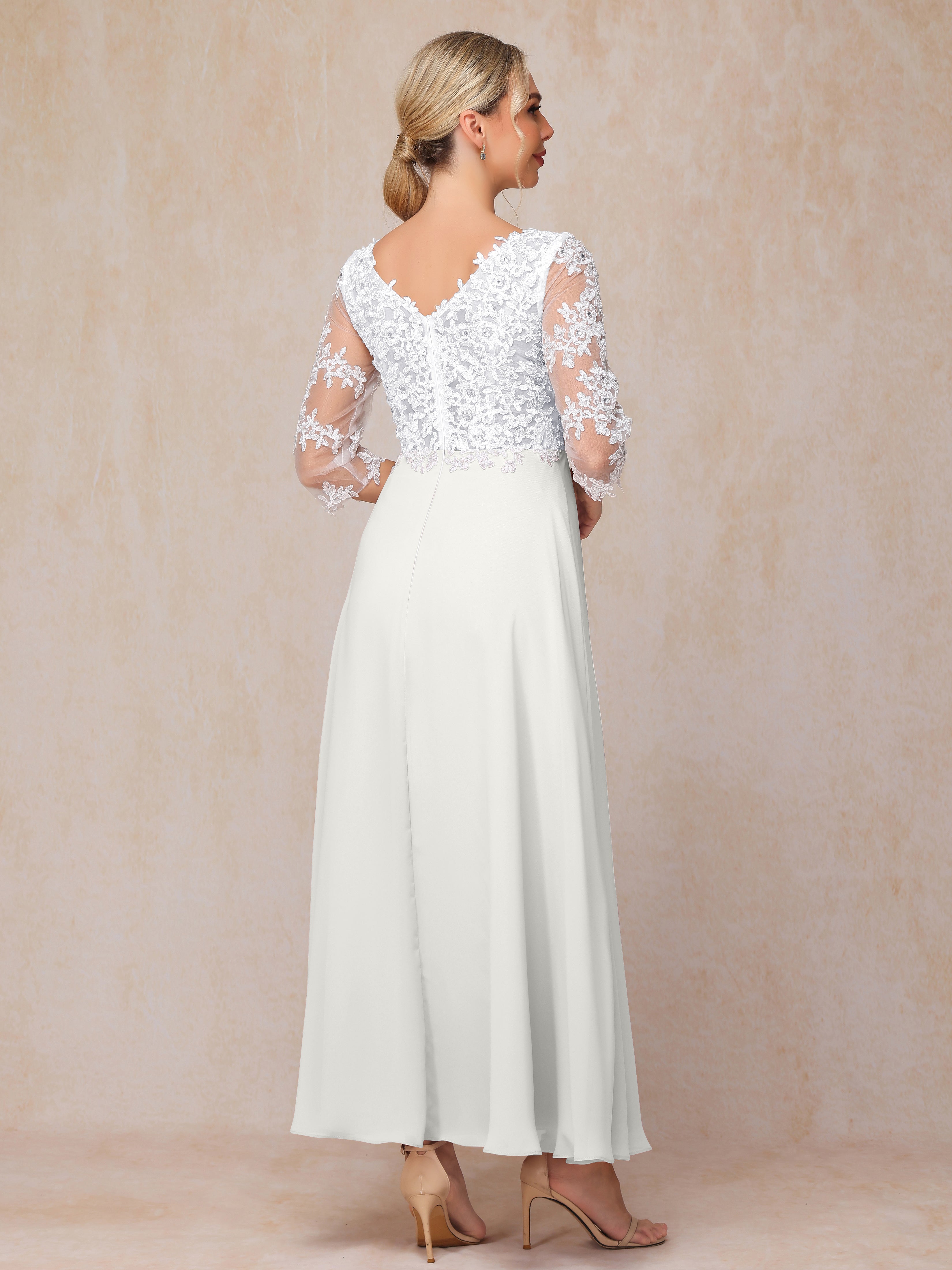 3/4 Sleeves A Line Ankle Length Chiffon Lace Mother Of The Bride Dress