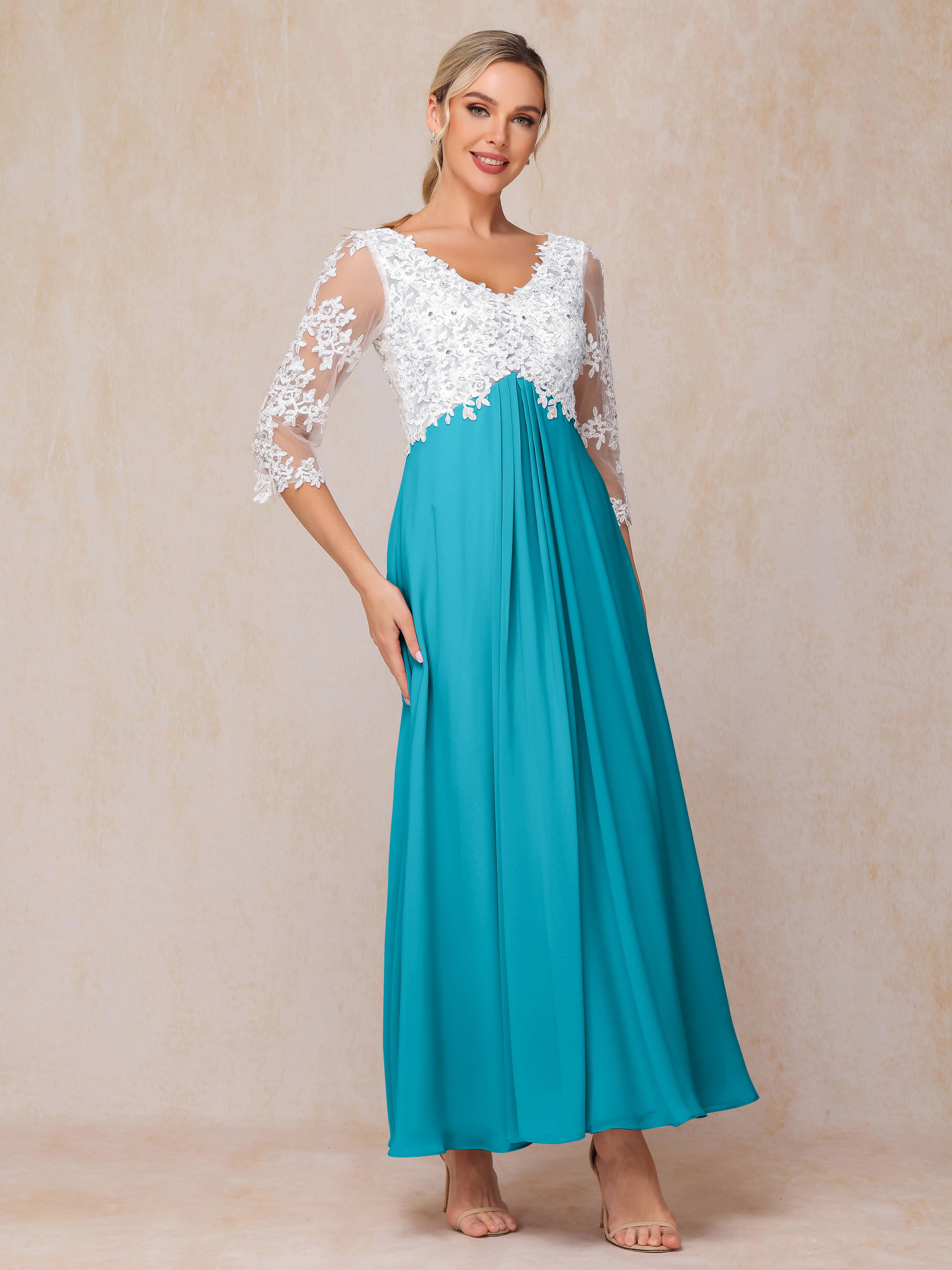 3/4 Sleeves A Line Ankle Length Chiffon Lace Mother Of The Bride Dress