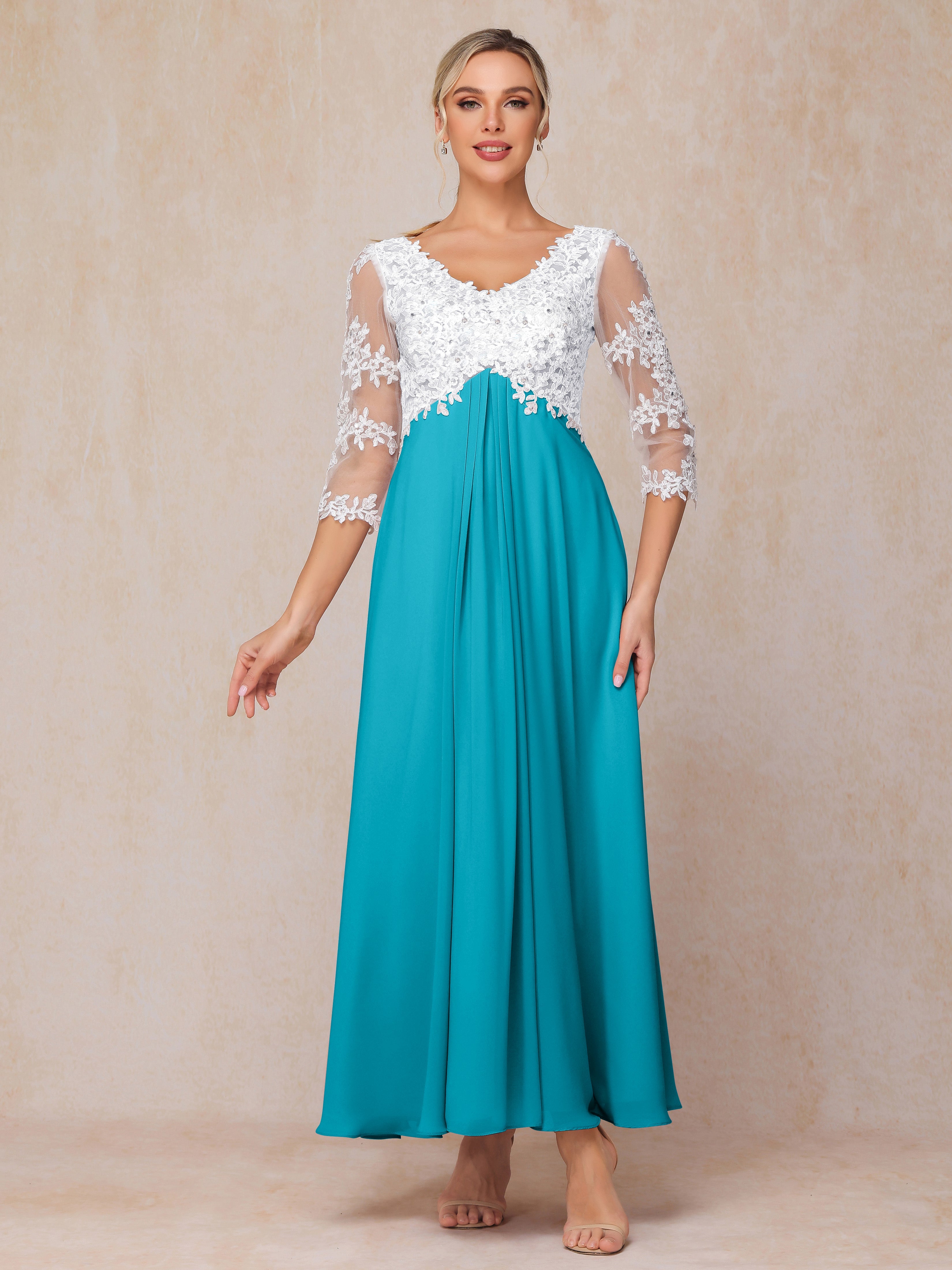 3/4 Sleeves A Line Ankle Length Chiffon Lace Mother Of The  Groom Dress