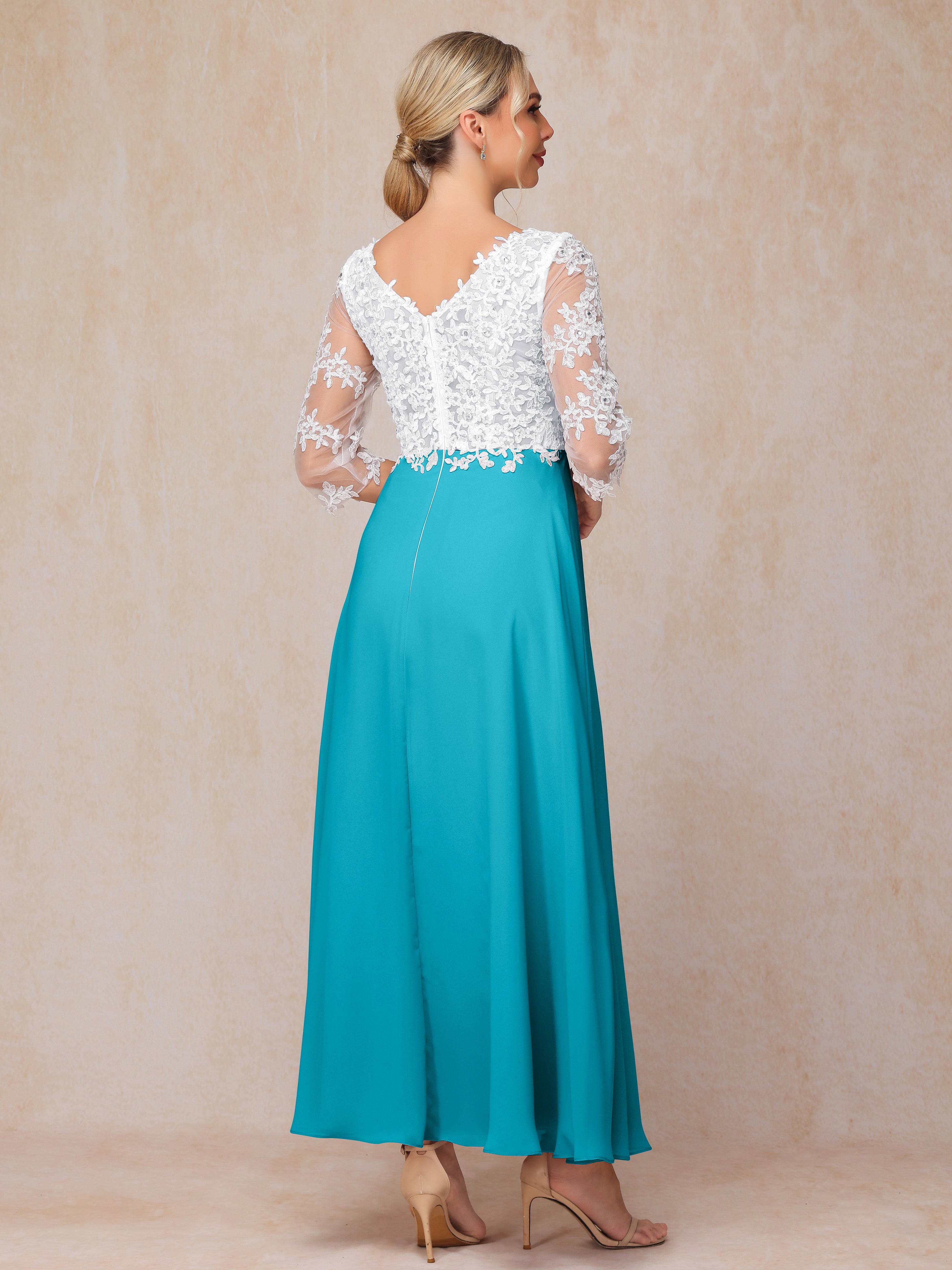 3/4 Sleeves A Line Ankle Length Chiffon Lace Mother Of The Bride Dress