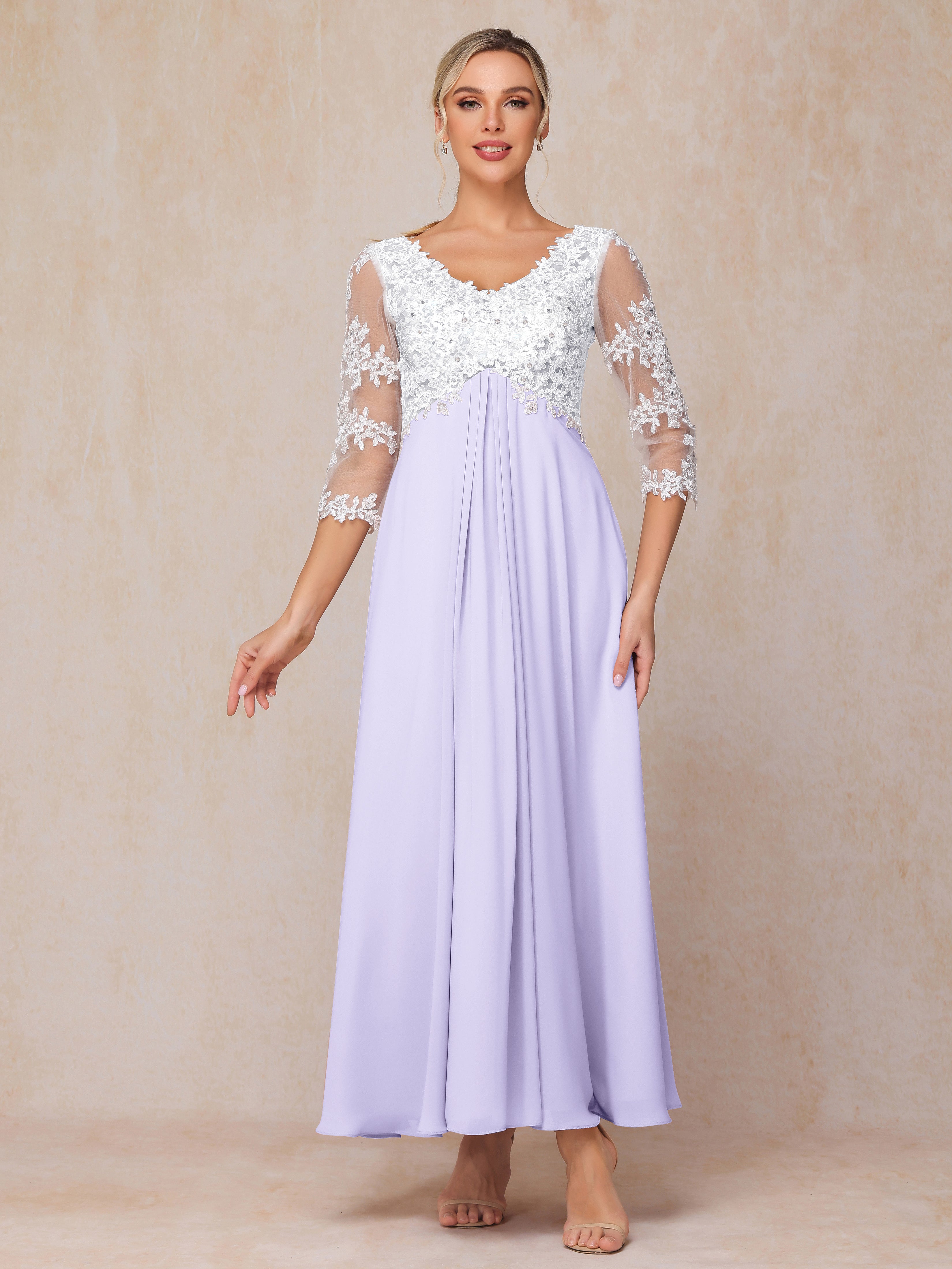 3/4 Sleeves A Line Ankle Length Chiffon Lace Mother Of The Bride Dress