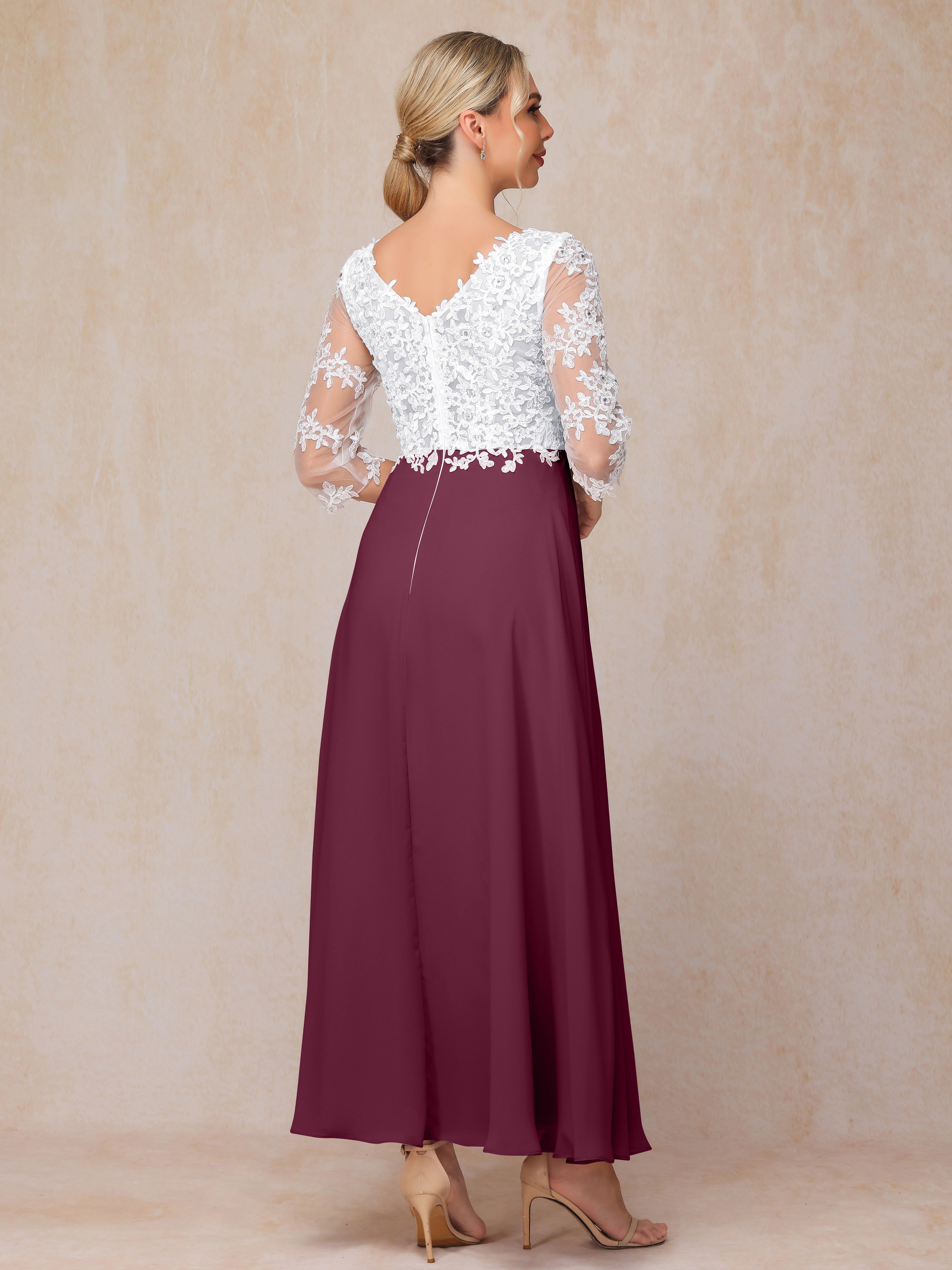 3/4 Sleeves A Line Ankle Length Chiffon Lace Mother Of The Bride Dress