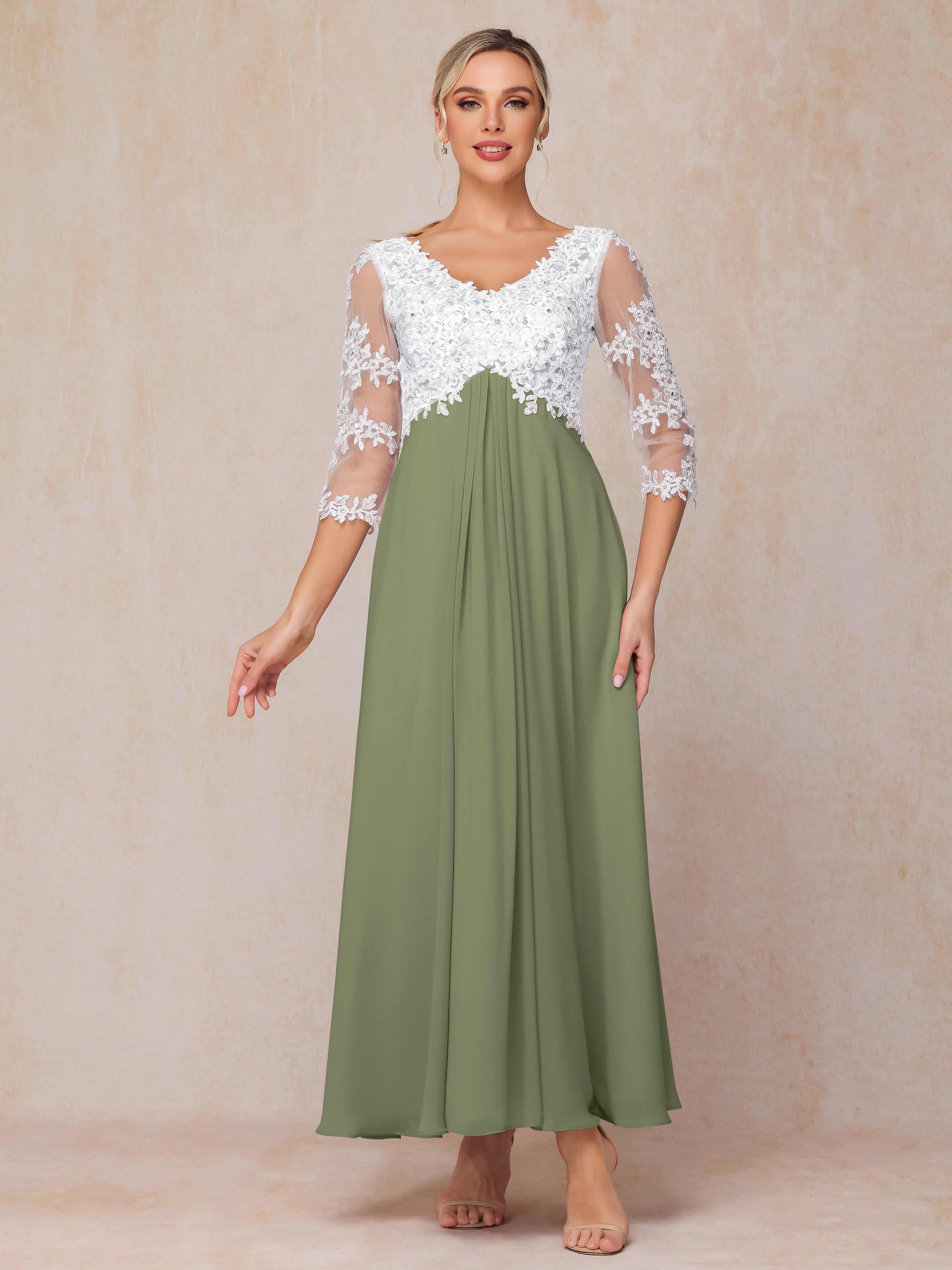 3/4 Sleeves A Line Ankle Length Chiffon Lace Mother Of The Bride Dress