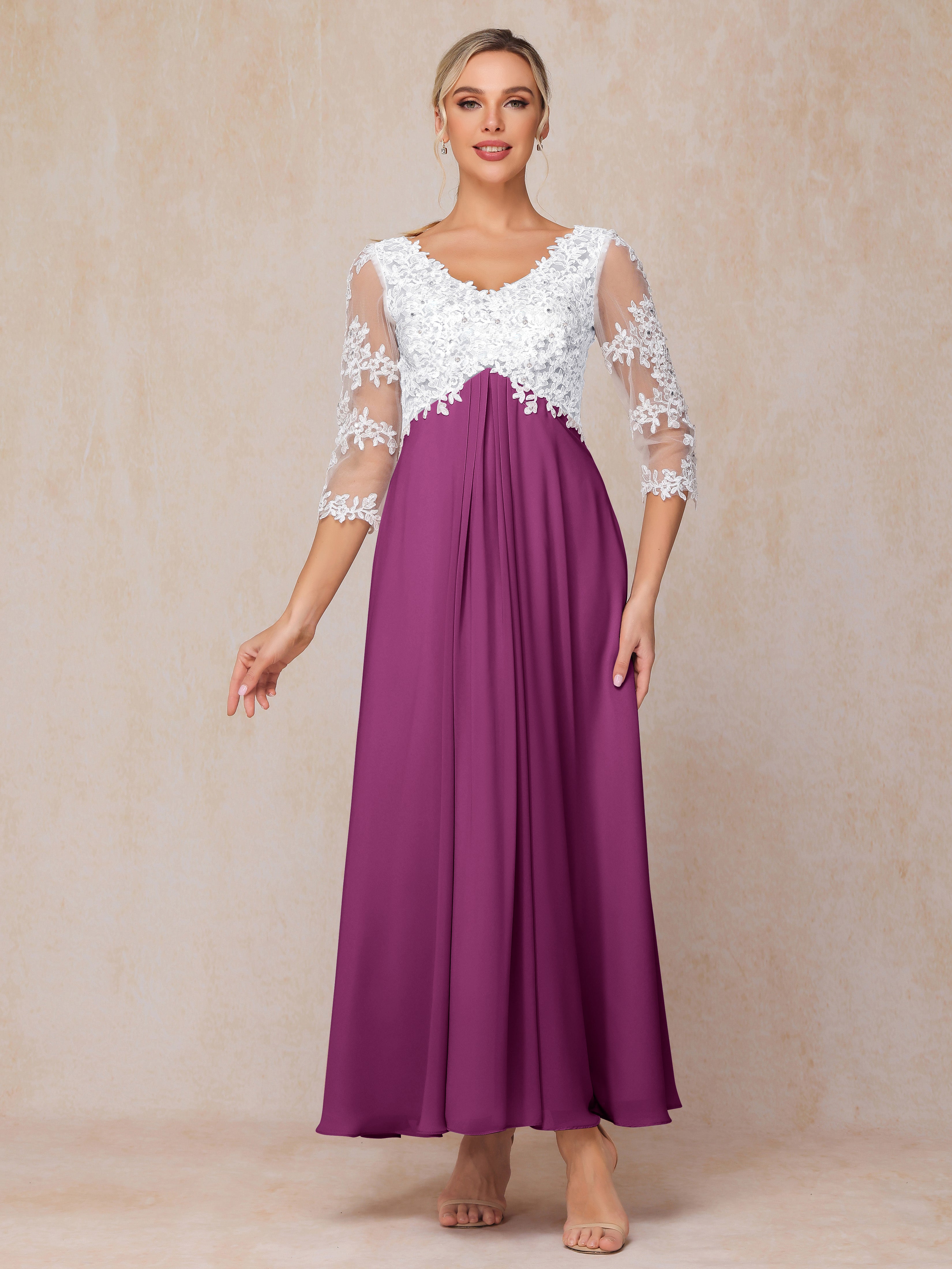 3/4 Sleeves A Line Ankle Length Chiffon Lace Mother Of The Bride Dress