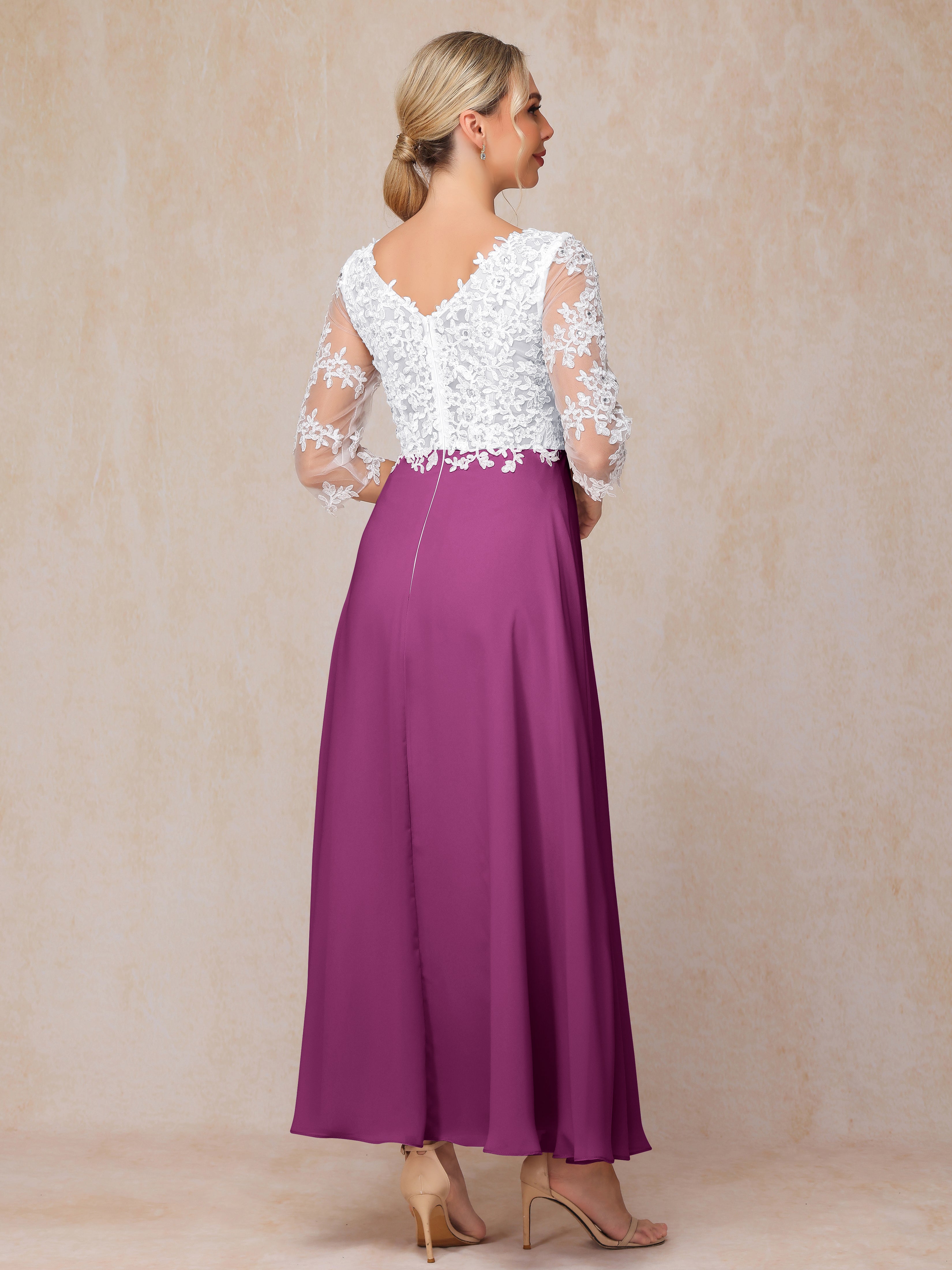 3/4 Sleeves A Line Ankle Length Chiffon Lace Mother Of The Bride Dress