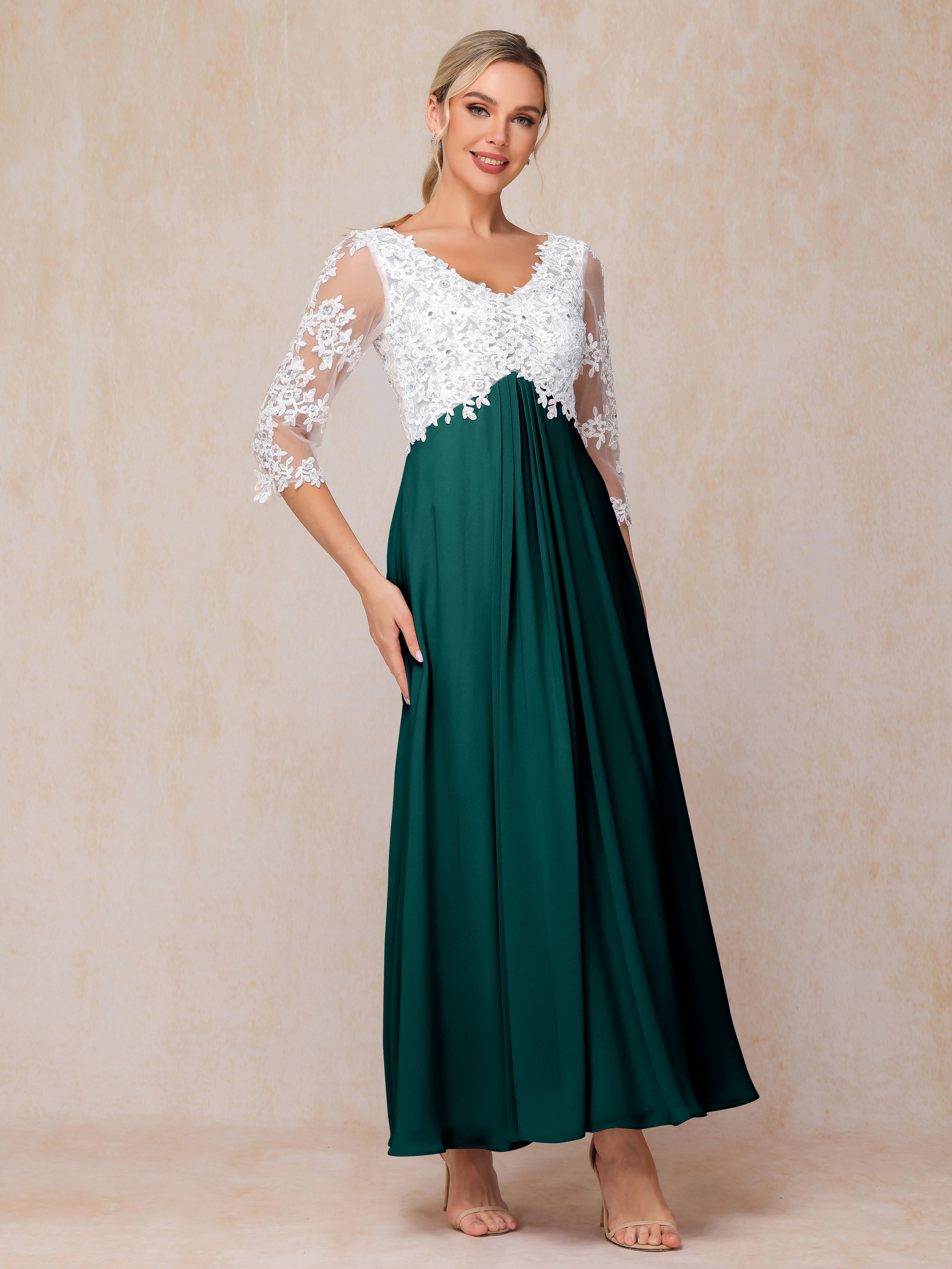 3/4 Sleeves A Line Ankle Length Chiffon Lace Mother Of The Bride Dress