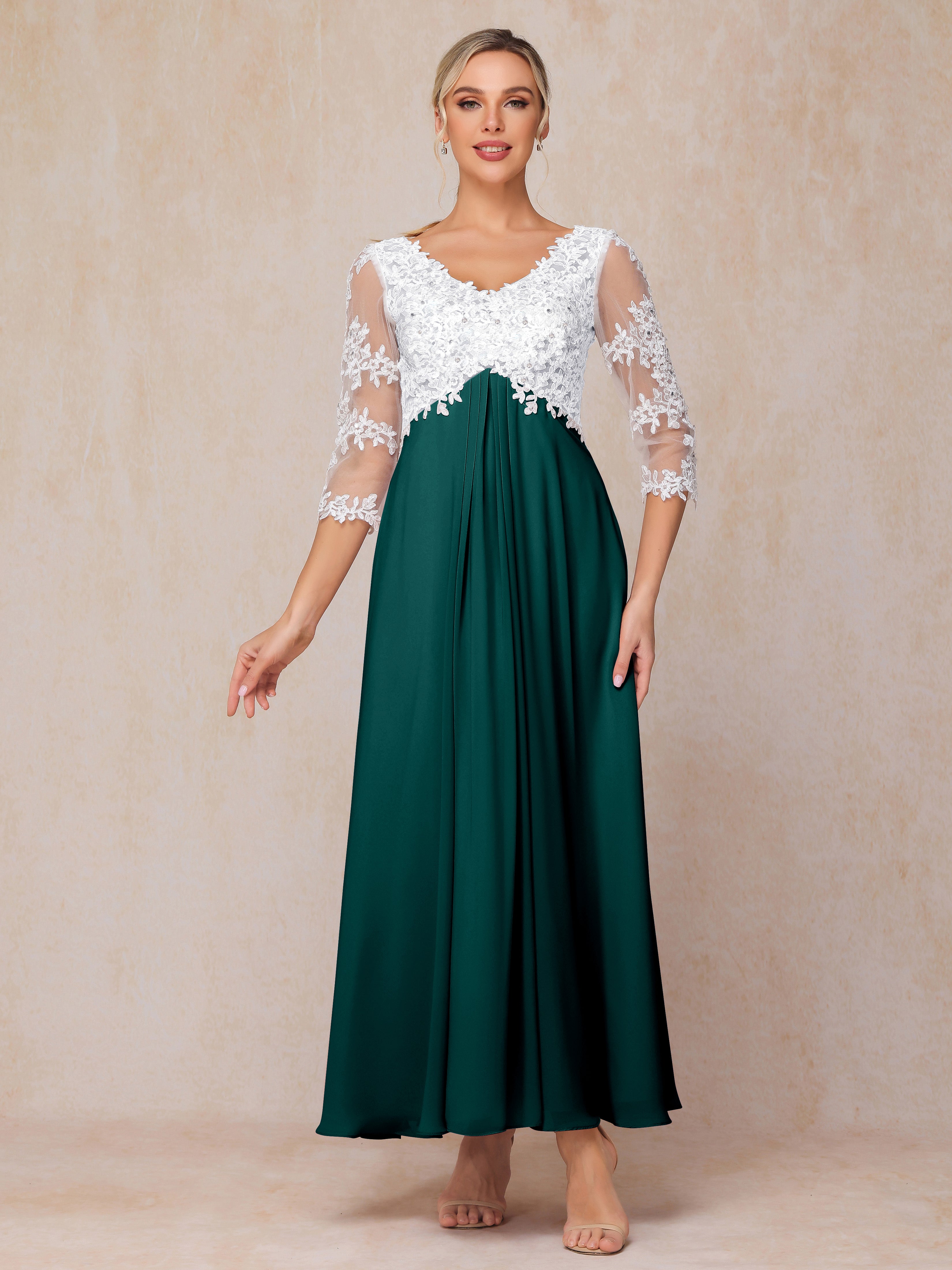 3/4 Sleeves A Line Ankle Length Chiffon Lace Mother Of The Bride Dress