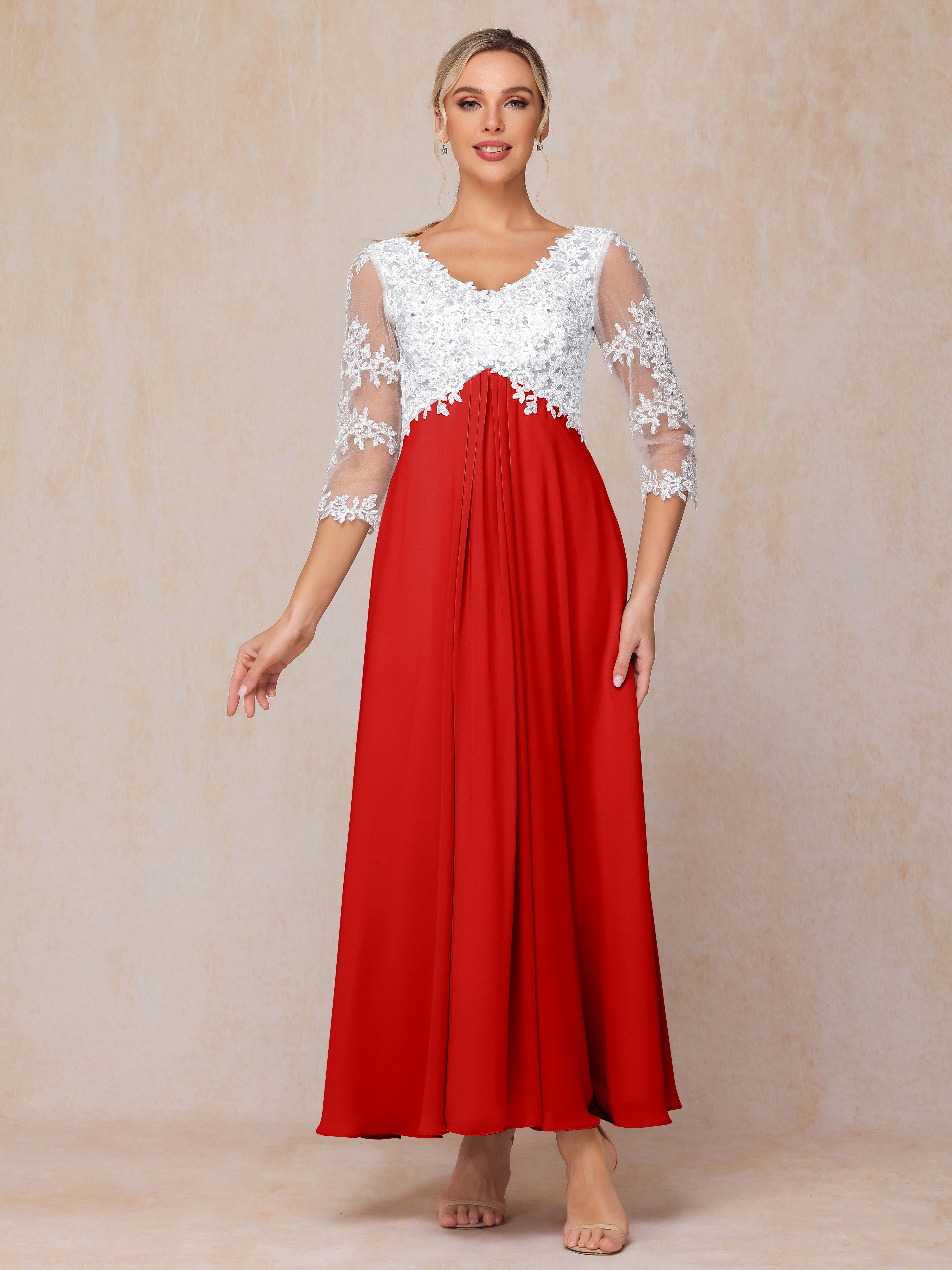 3/4 Sleeves A Line Ankle Length Chiffon Lace Mother Of The Bride Dress