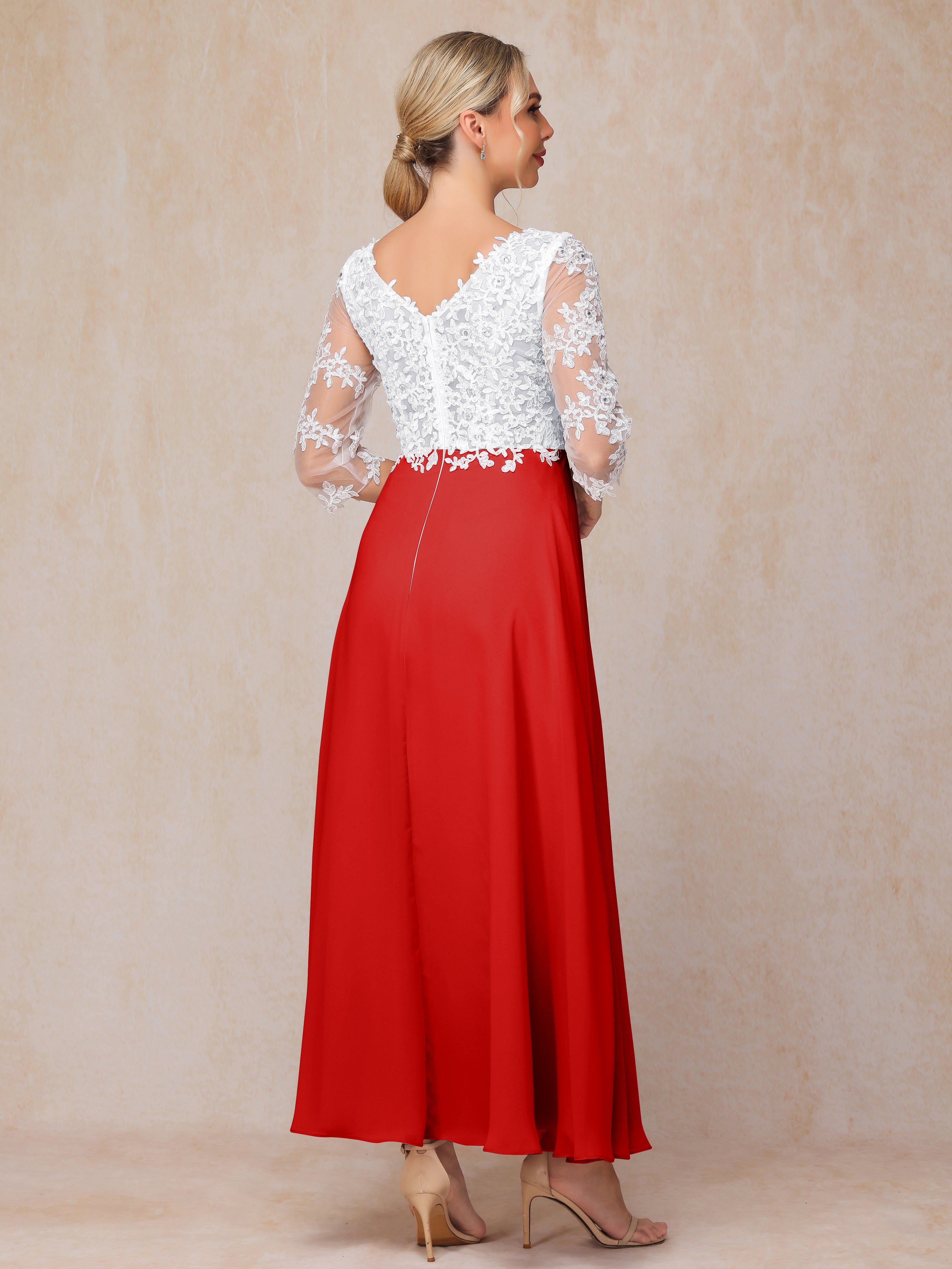 3/4 Sleeves A Line Ankle Length Chiffon Lace Mother Of The Bride Dress