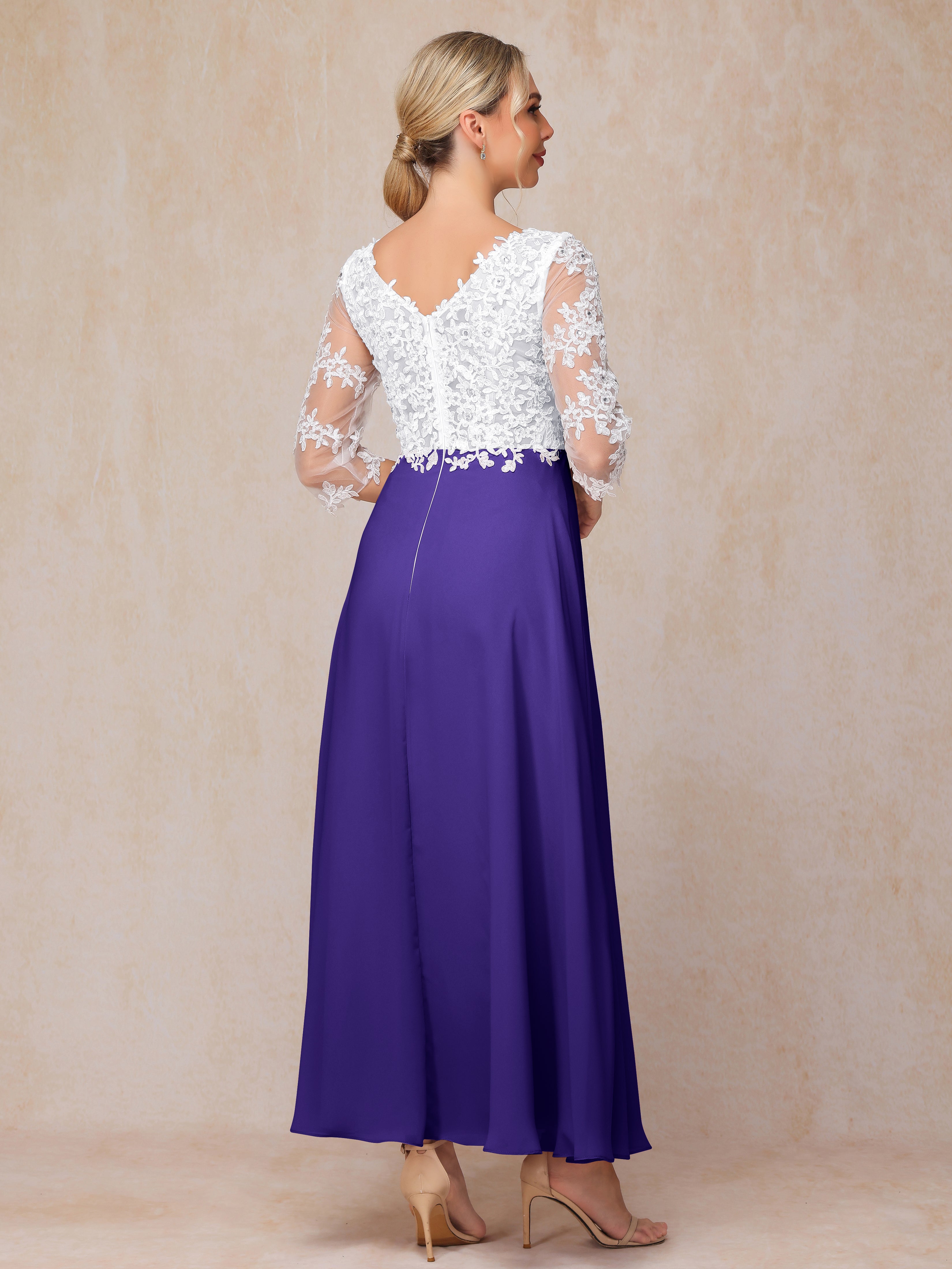 3/4 Sleeves A Line Ankle Length Chiffon Lace Mother Of The Bride Dress