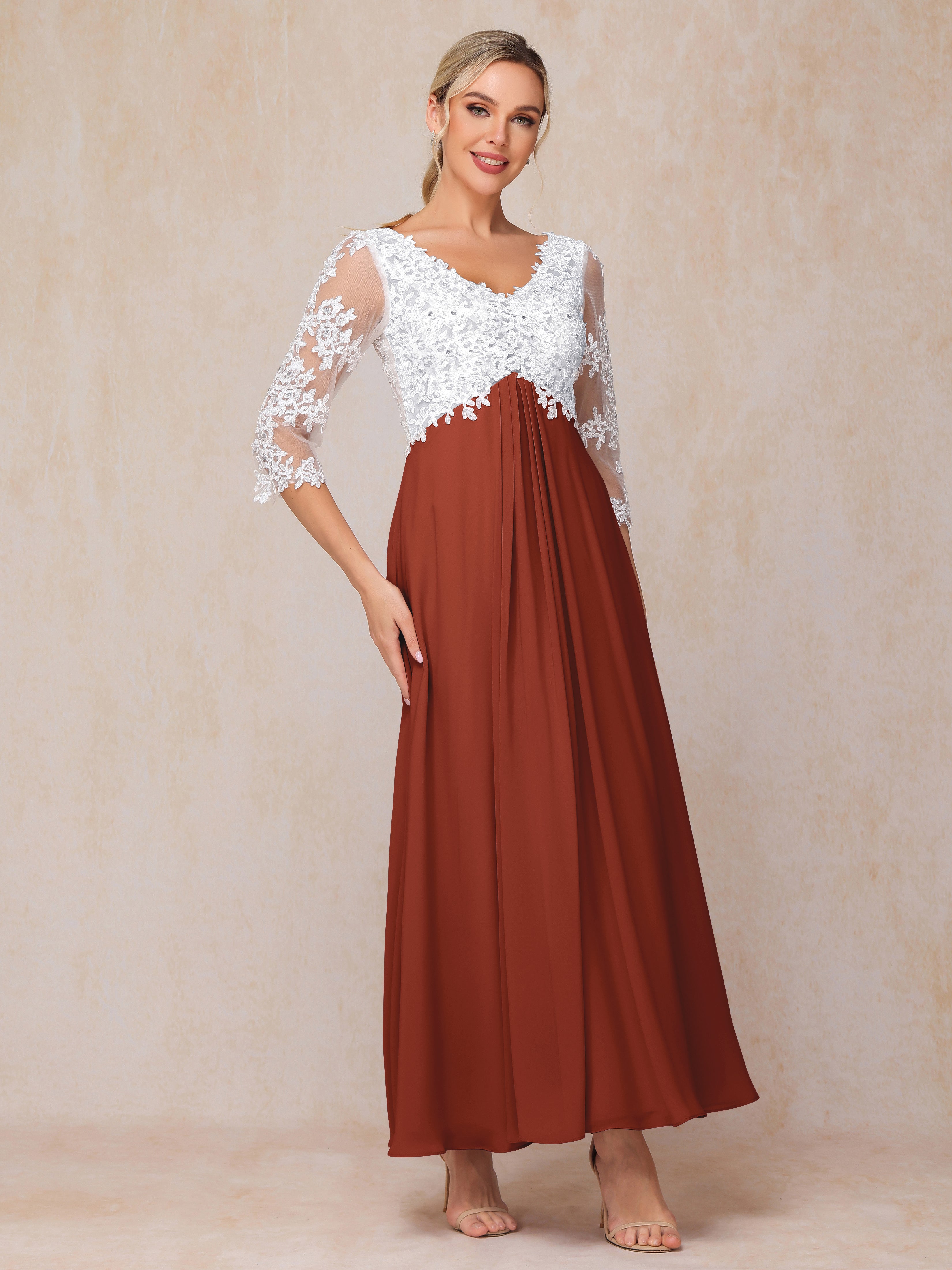 3/4 Sleeves A Line Ankle Length Chiffon Lace Mother Of The Bride Dress