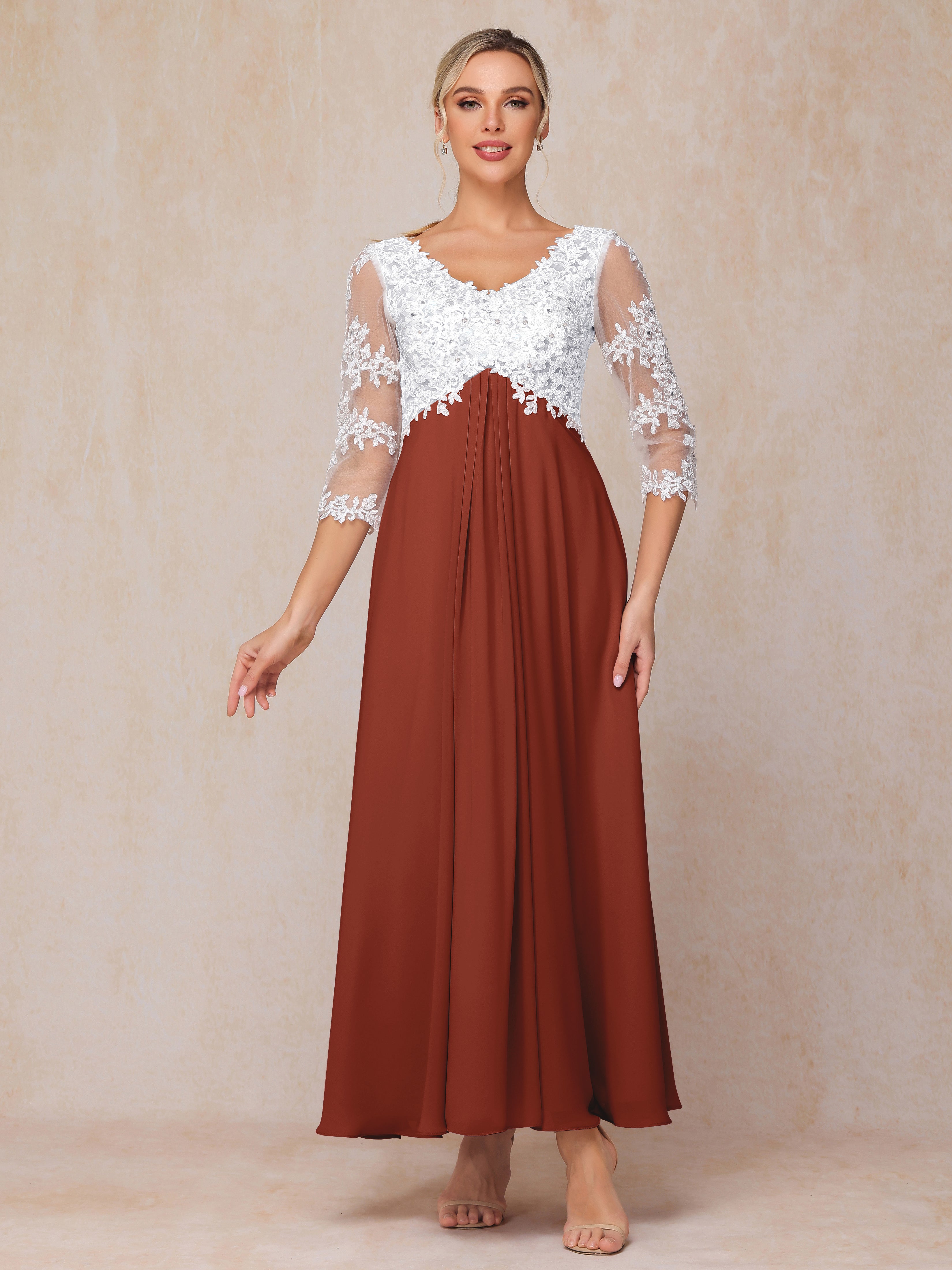 3/4 Sleeves A Line Ankle Length Chiffon Lace Mother Of The Bride Dress