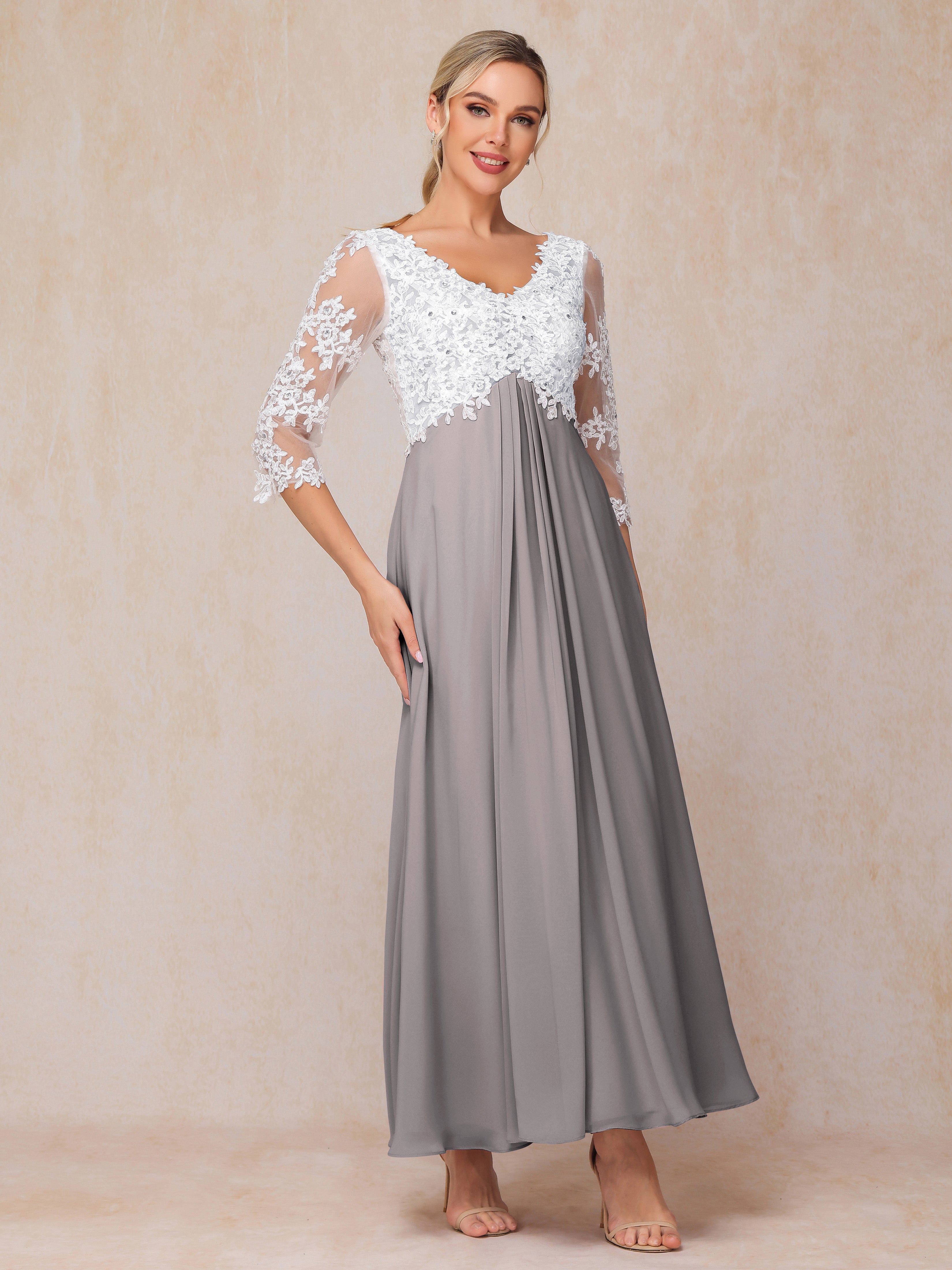 3/4 Sleeves A Line Ankle Length Chiffon Lace Mother Of The Bride Dress