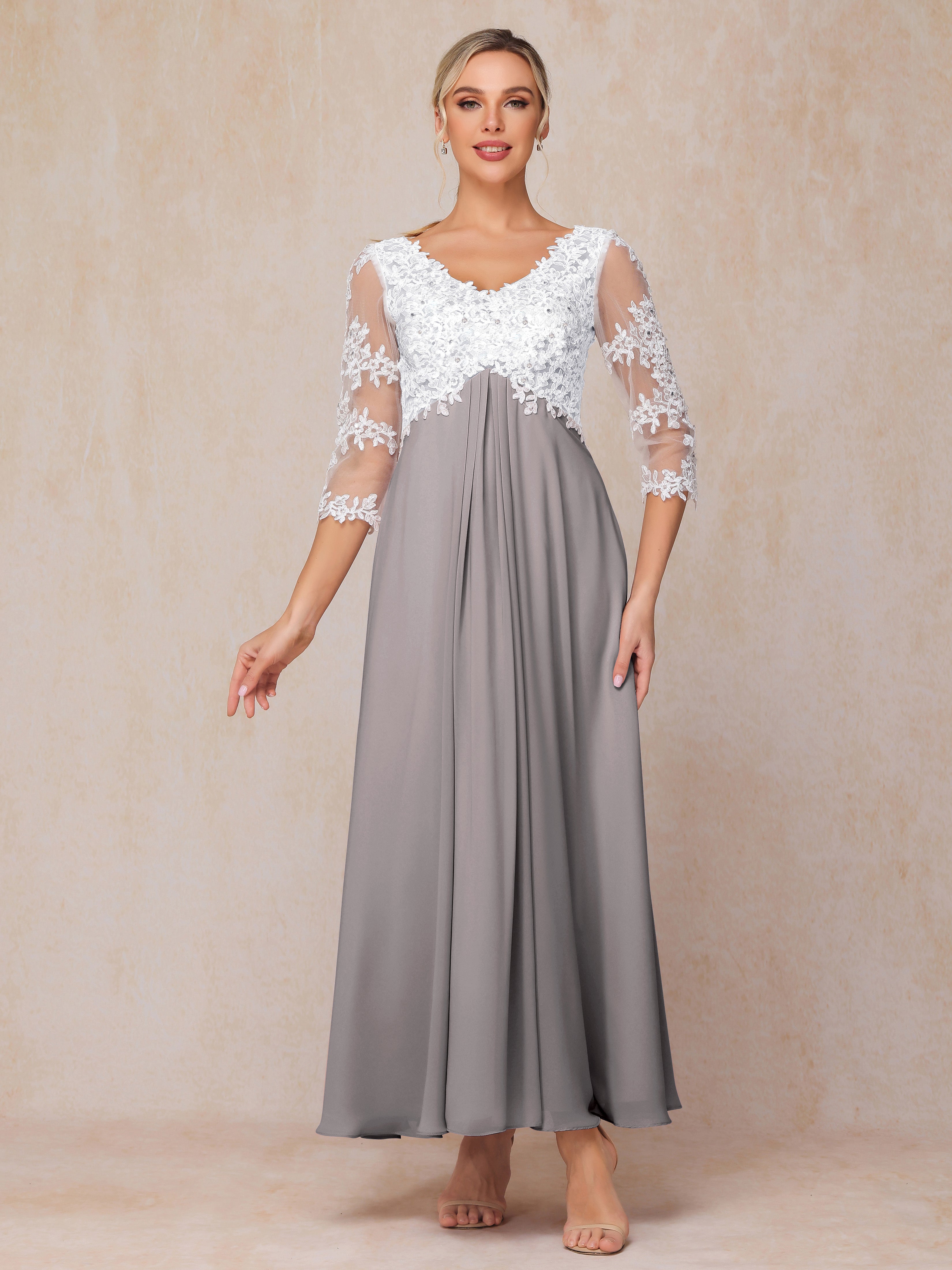 3/4 Sleeves A Line Ankle Length Chiffon Lace Mother Of The Bride Dress