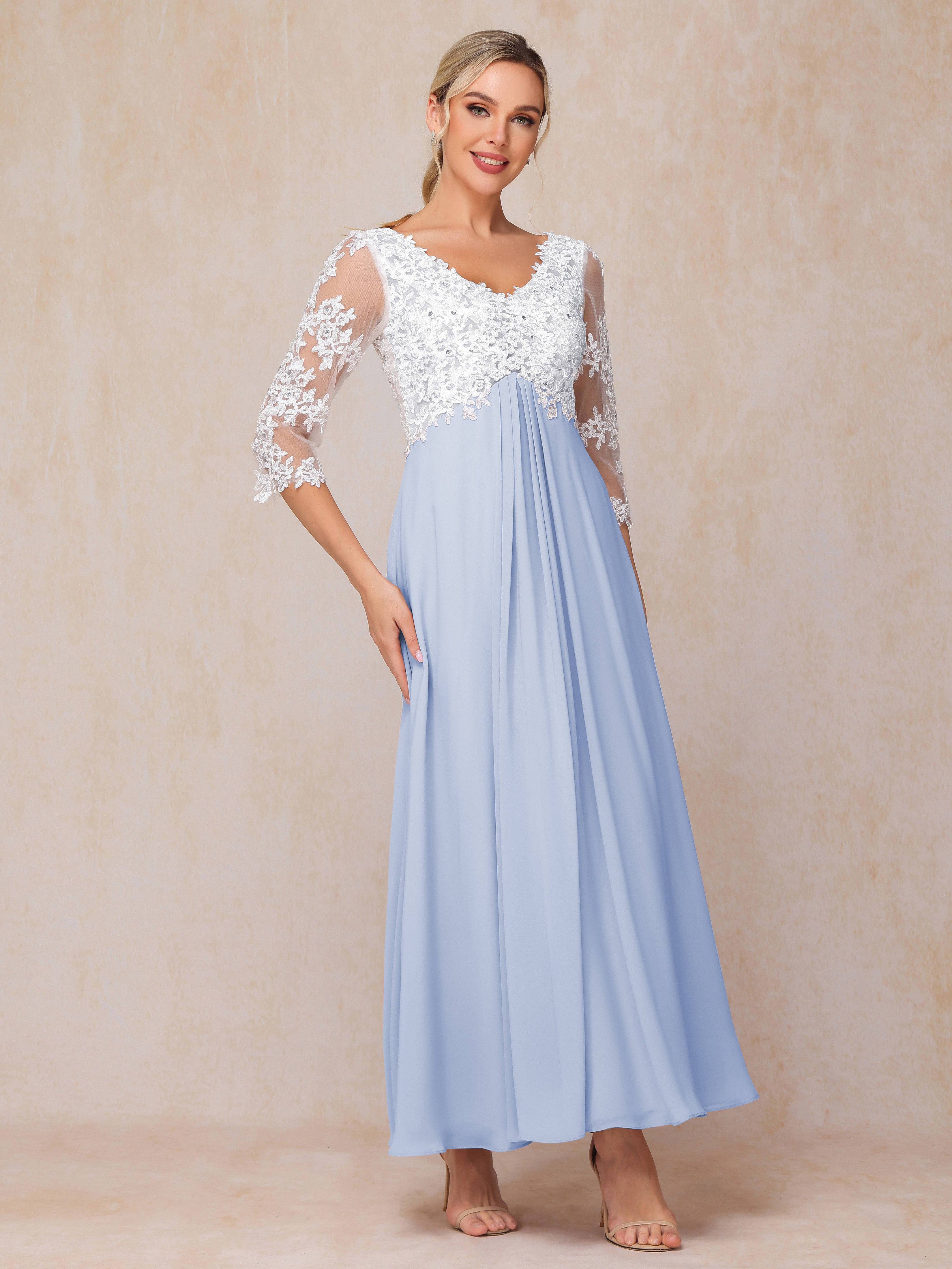 3/4 Sleeves A Line Ankle Length Chiffon Lace Mother Of The Bride Dress