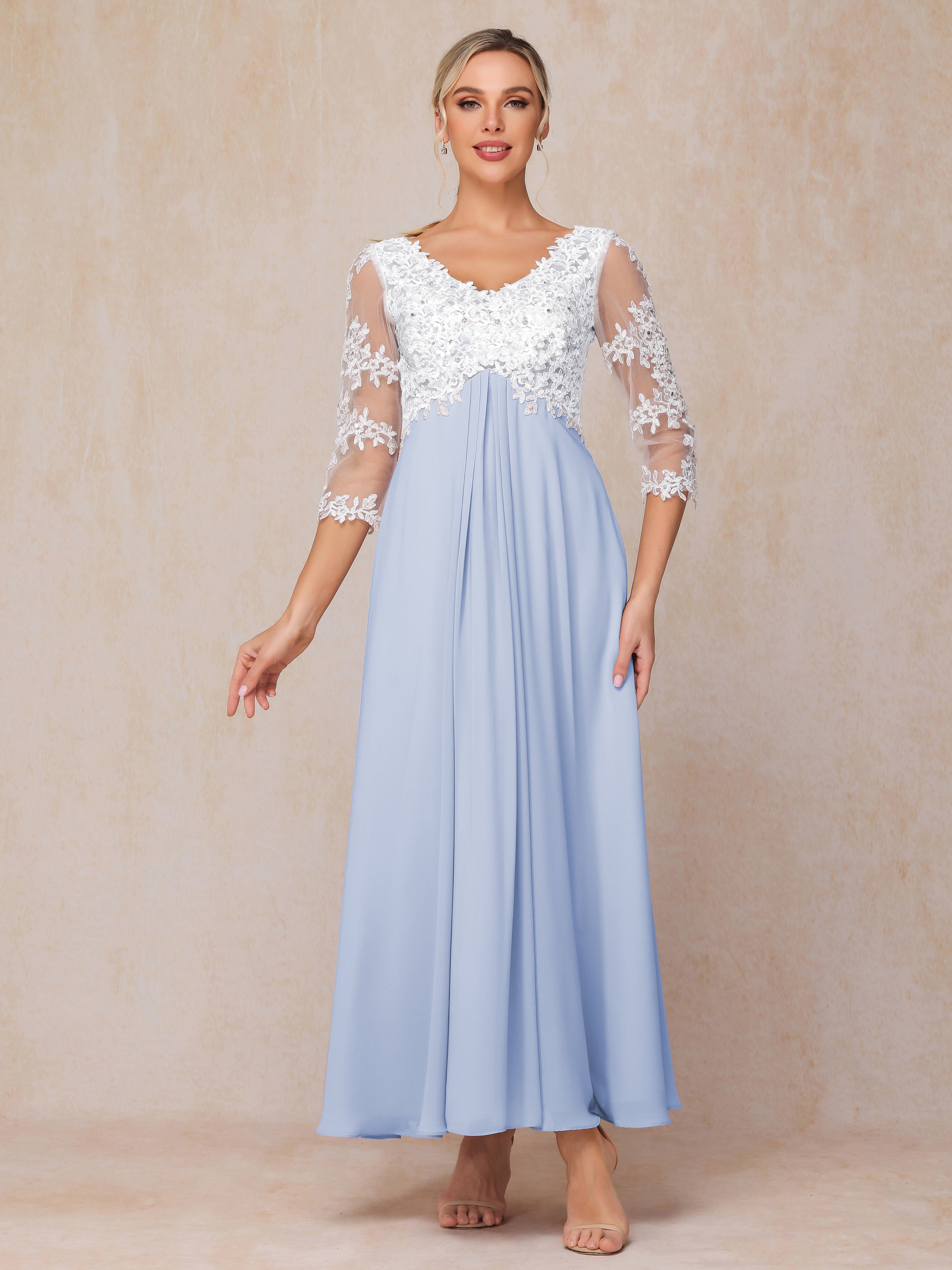 3/4 Sleeves A Line Ankle Length Chiffon Lace Mother Of The Bride Dress