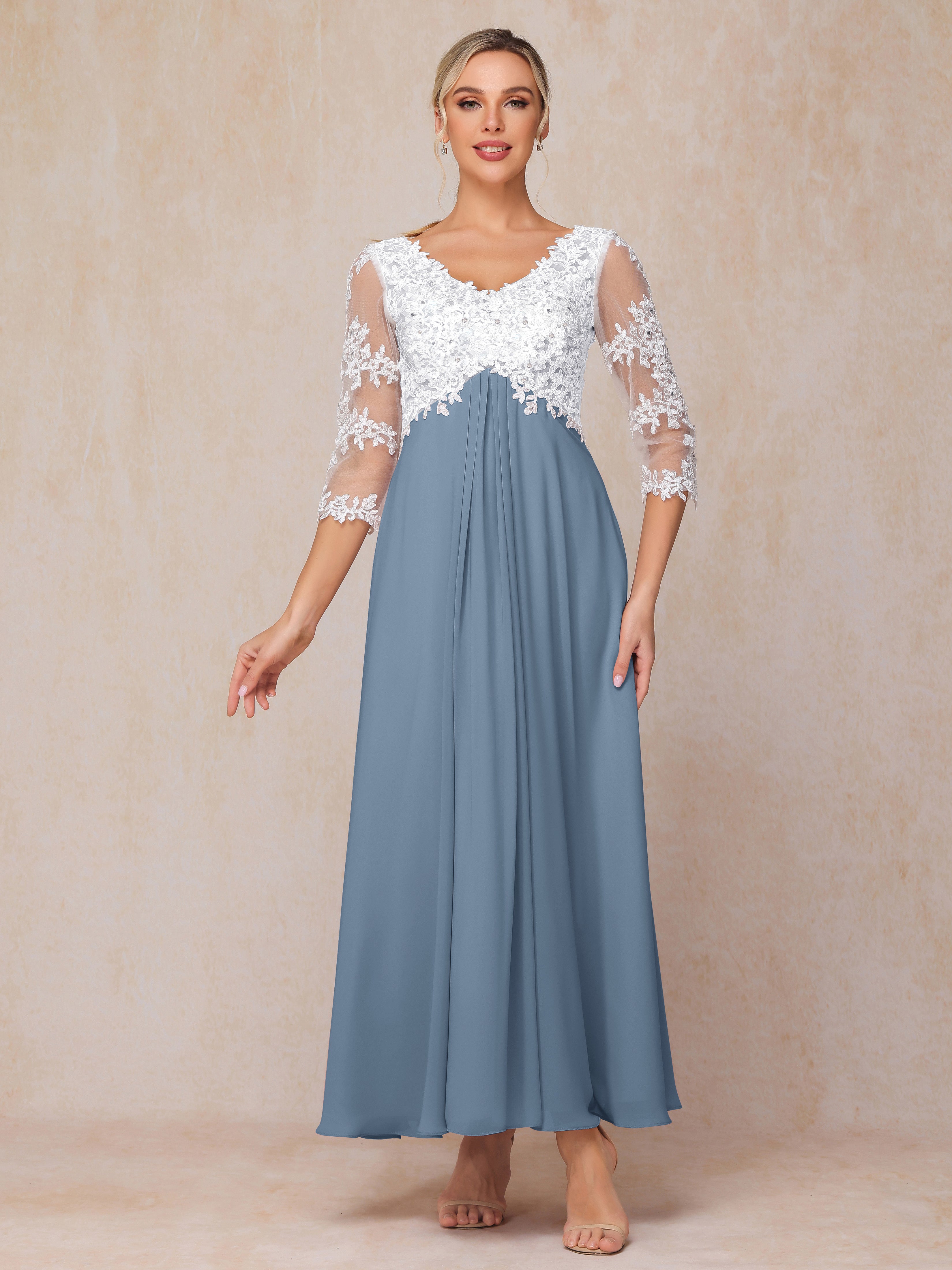 3/4 Sleeves A Line Ankle Length Chiffon Lace Mother Of The Bride Dress