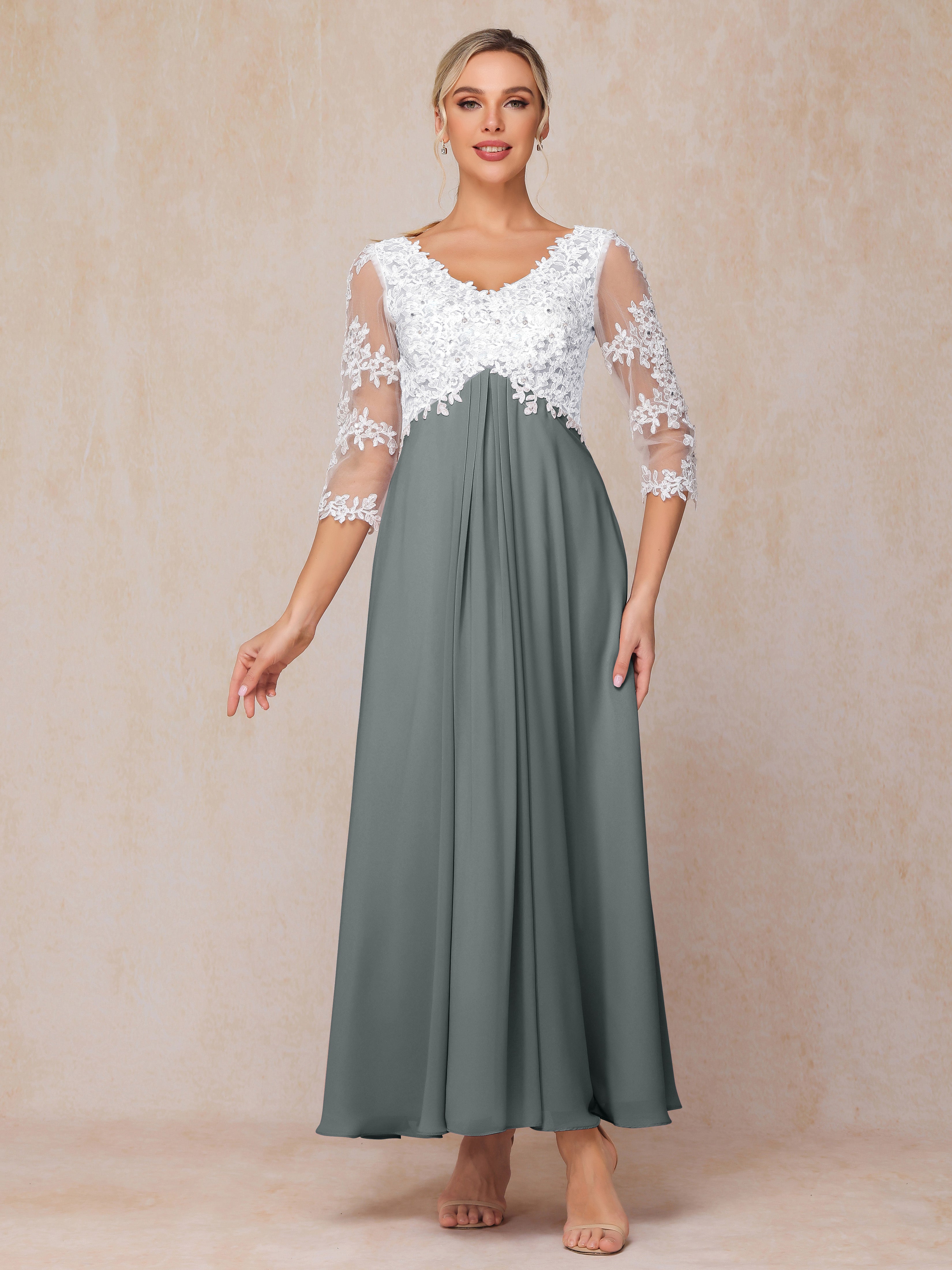 3/4 Sleeves A Line Ankle Length Chiffon Lace Mother Of The Bride Dress