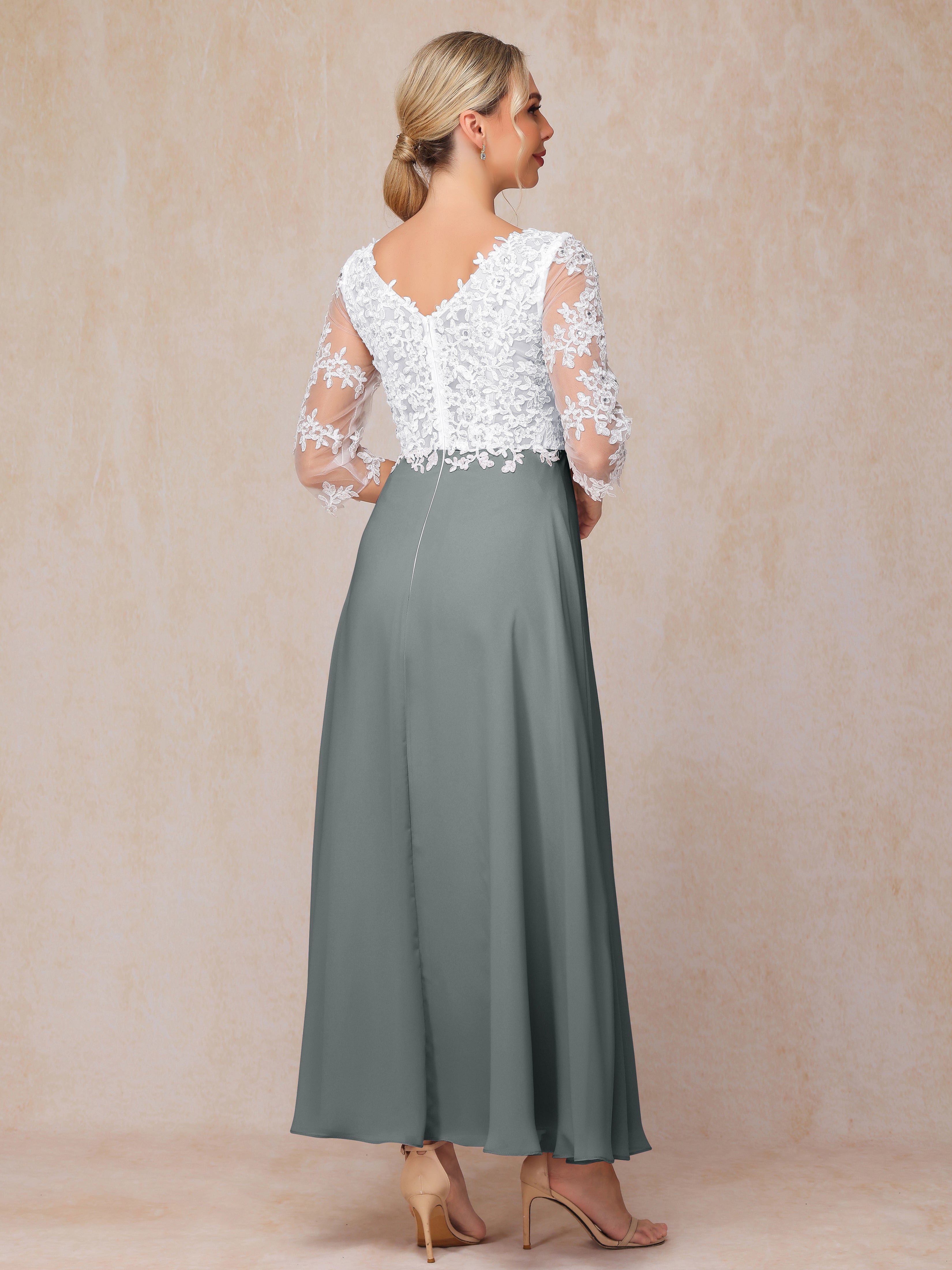 3/4 Sleeves A Line Ankle Length Chiffon Lace Mother Of The Bride Dress