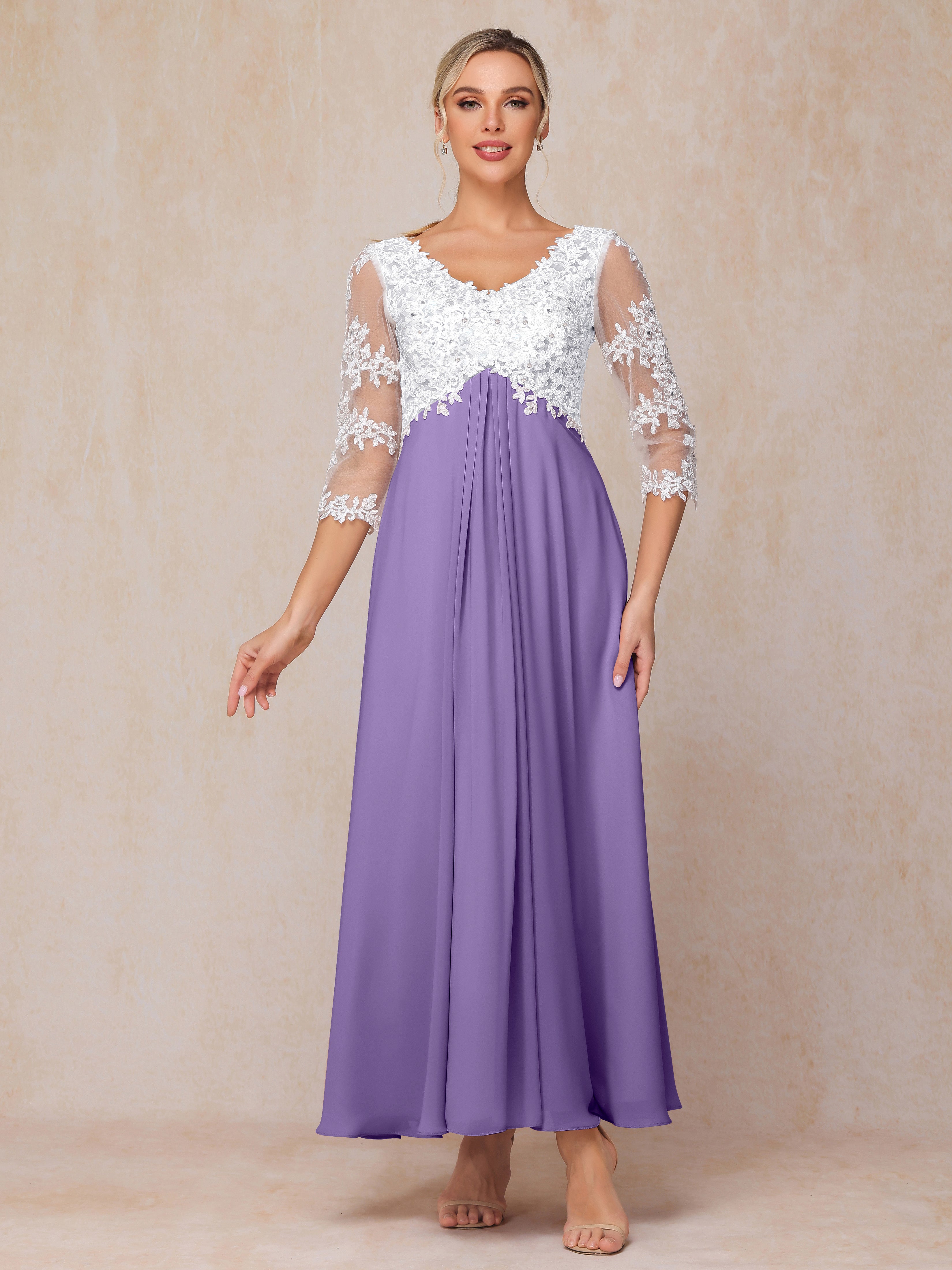 3/4 Sleeves A Line Ankle Length Chiffon Lace Mother Of The Bride Dress