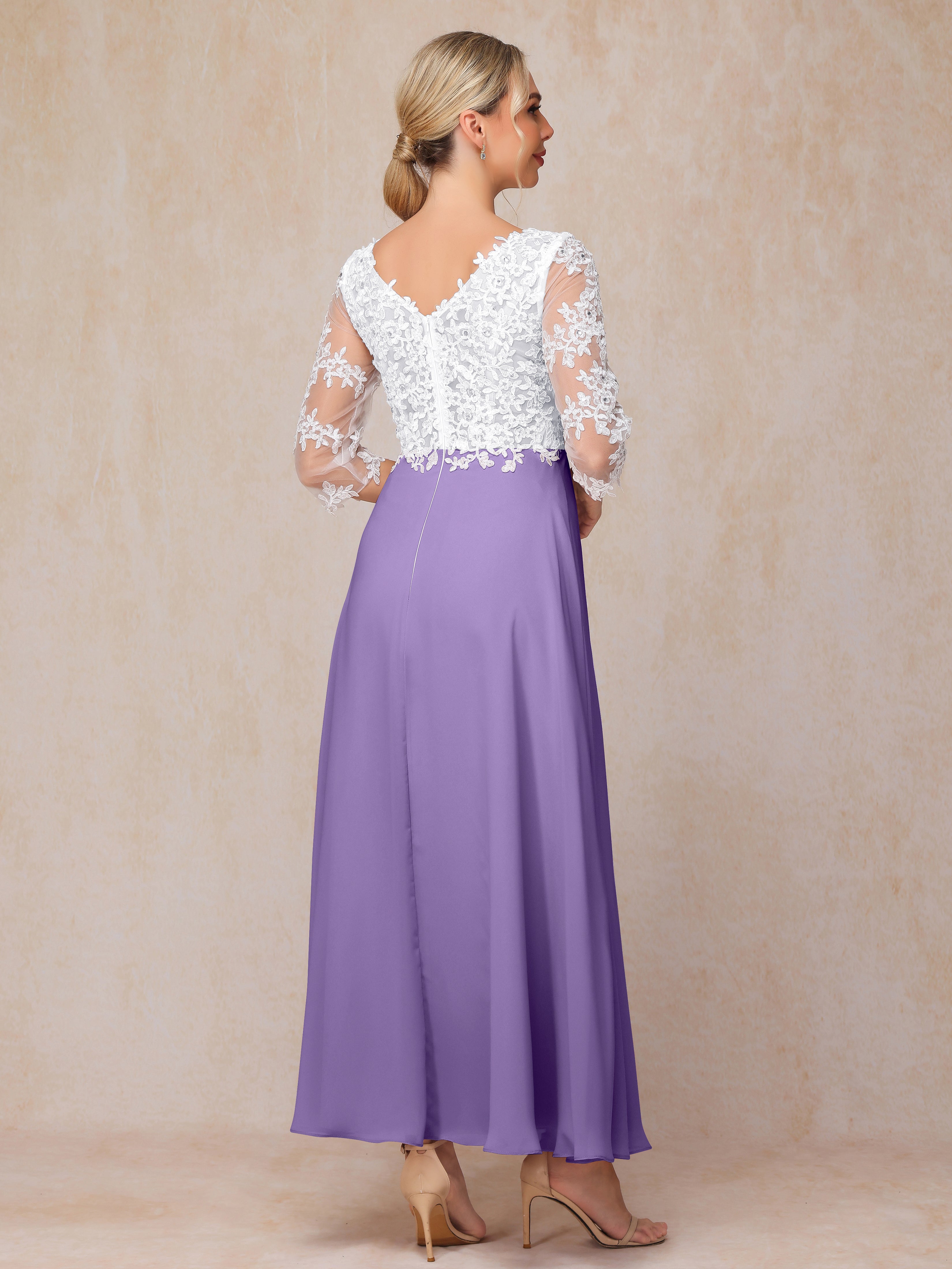 3/4 Sleeves A Line Ankle Length Chiffon Lace Mother Of The Bride Dress