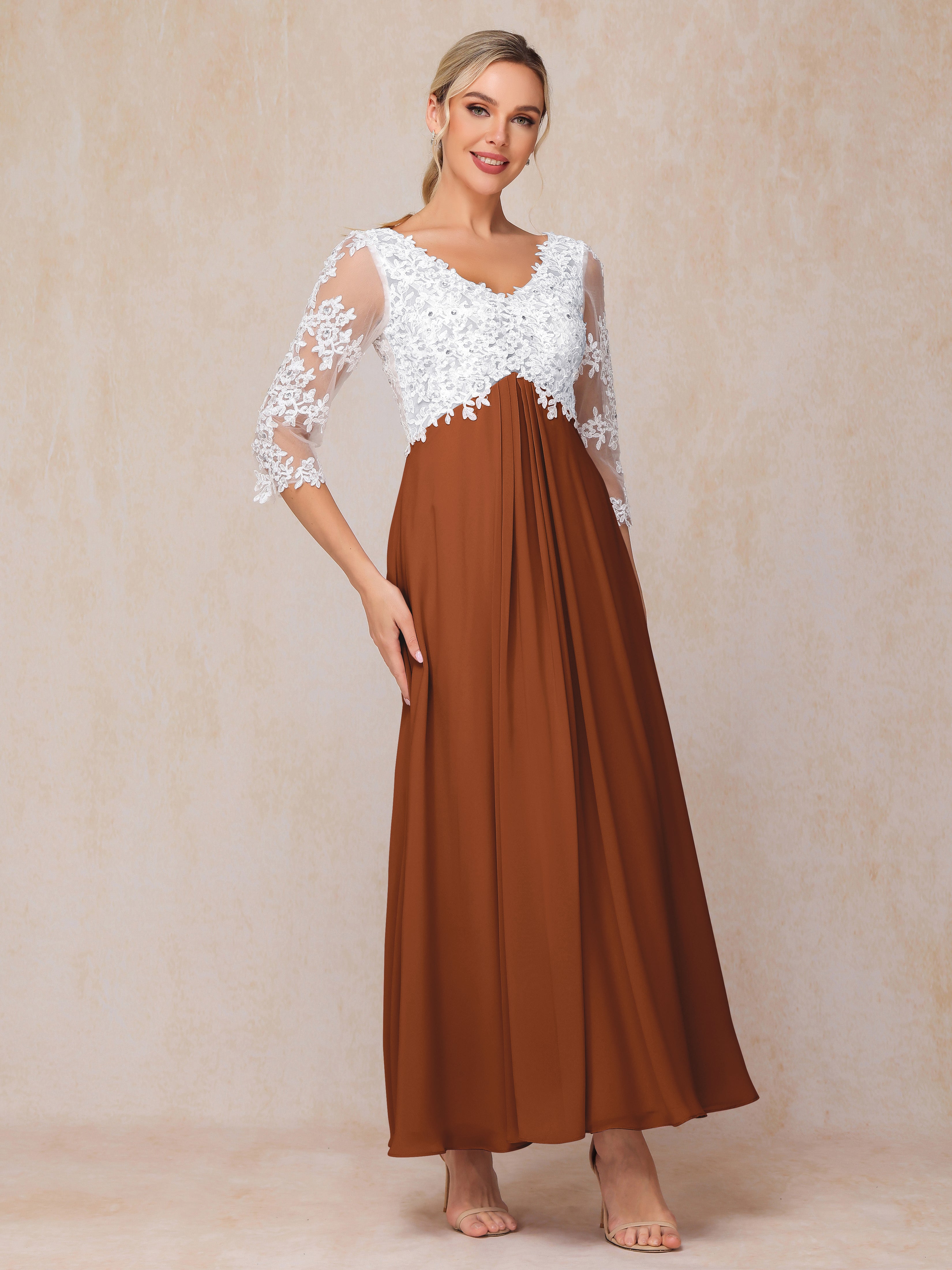 3/4 Sleeves A Line Ankle Length Chiffon Lace Mother Of The Bride Dress