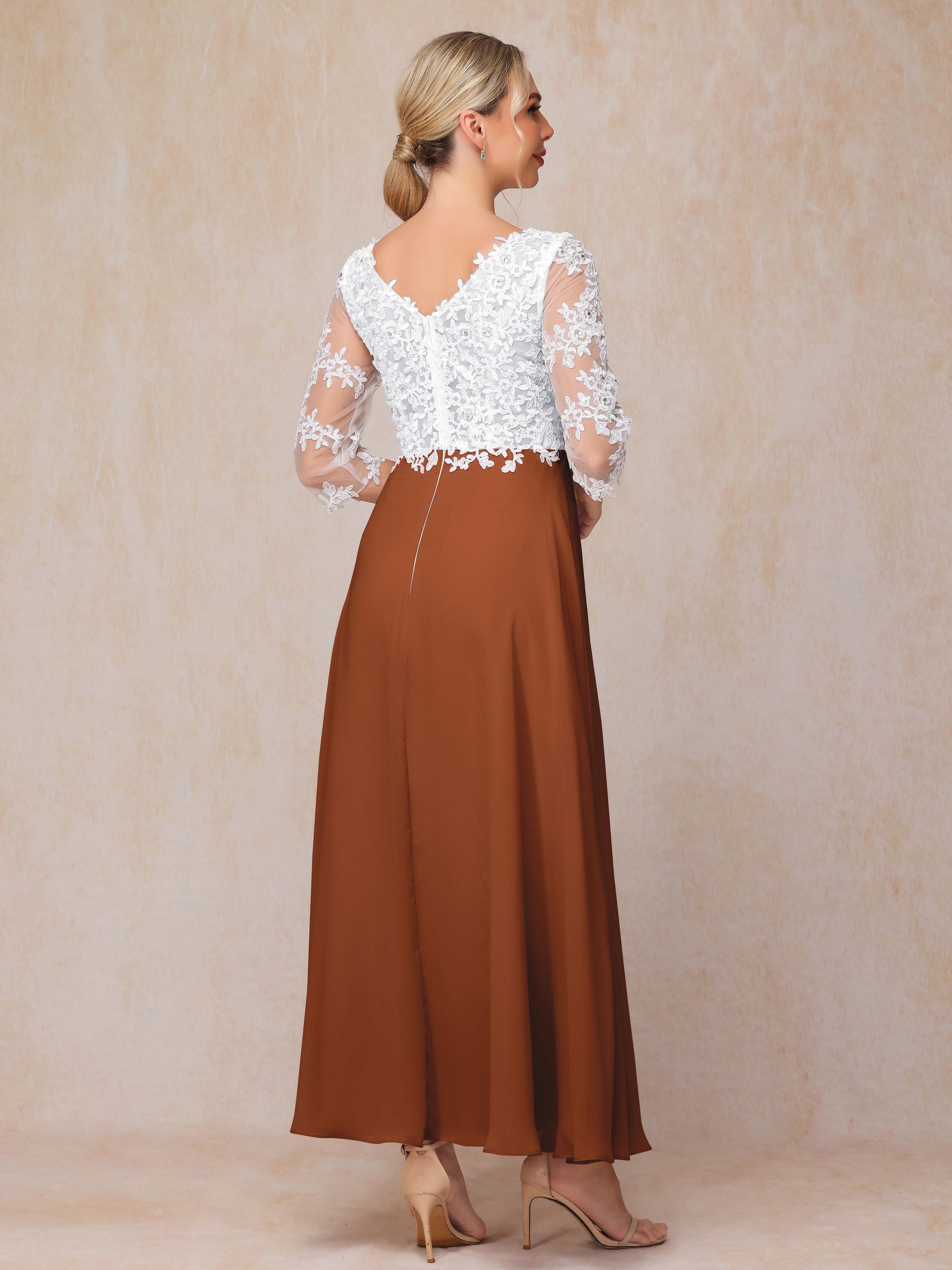 3/4 Sleeves A Line Ankle Length Chiffon Lace Mother Of The Bride Dress