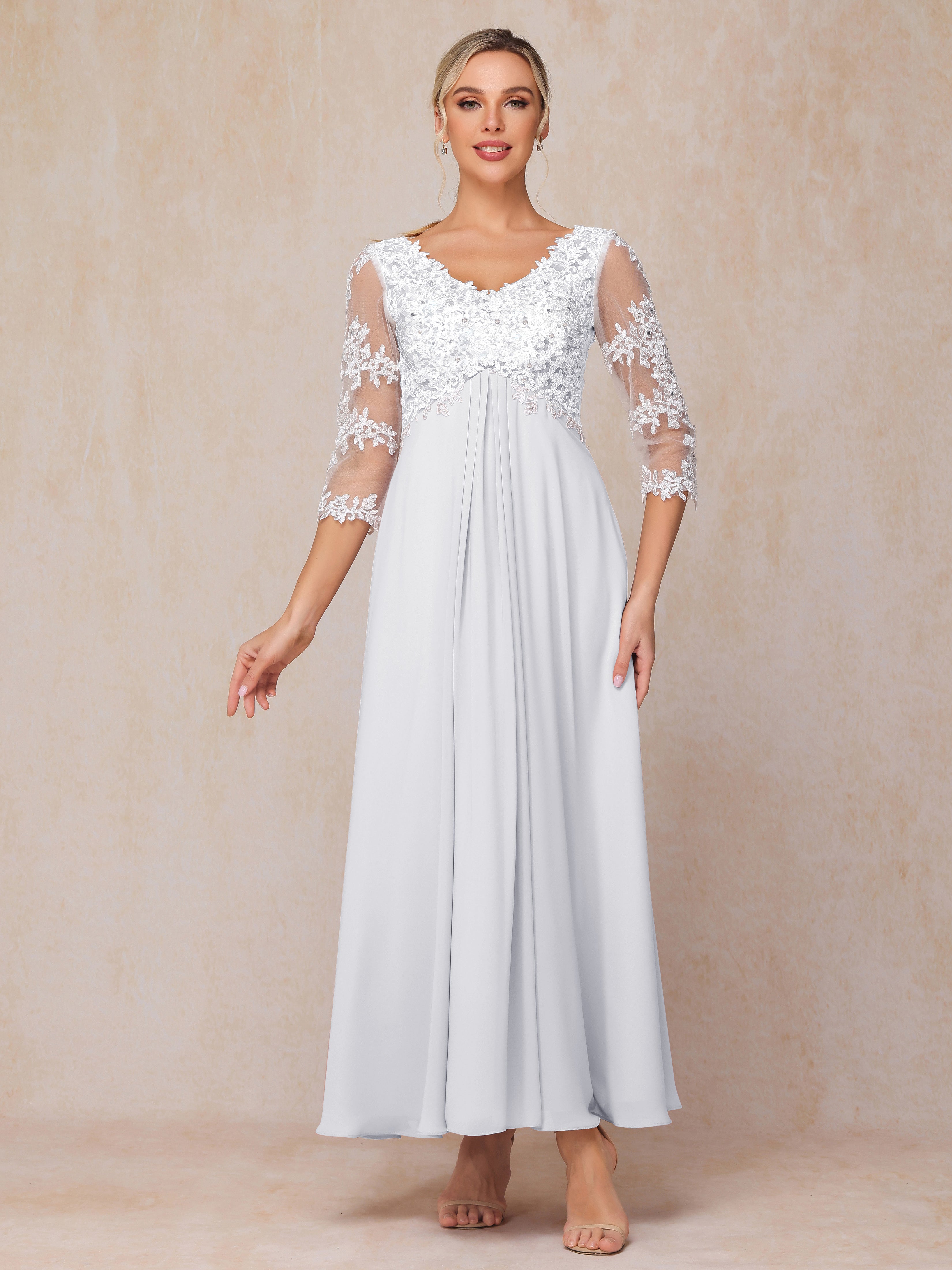 3/4 Sleeves A Line Ankle Length Chiffon Lace Mother Of The Bride Dress