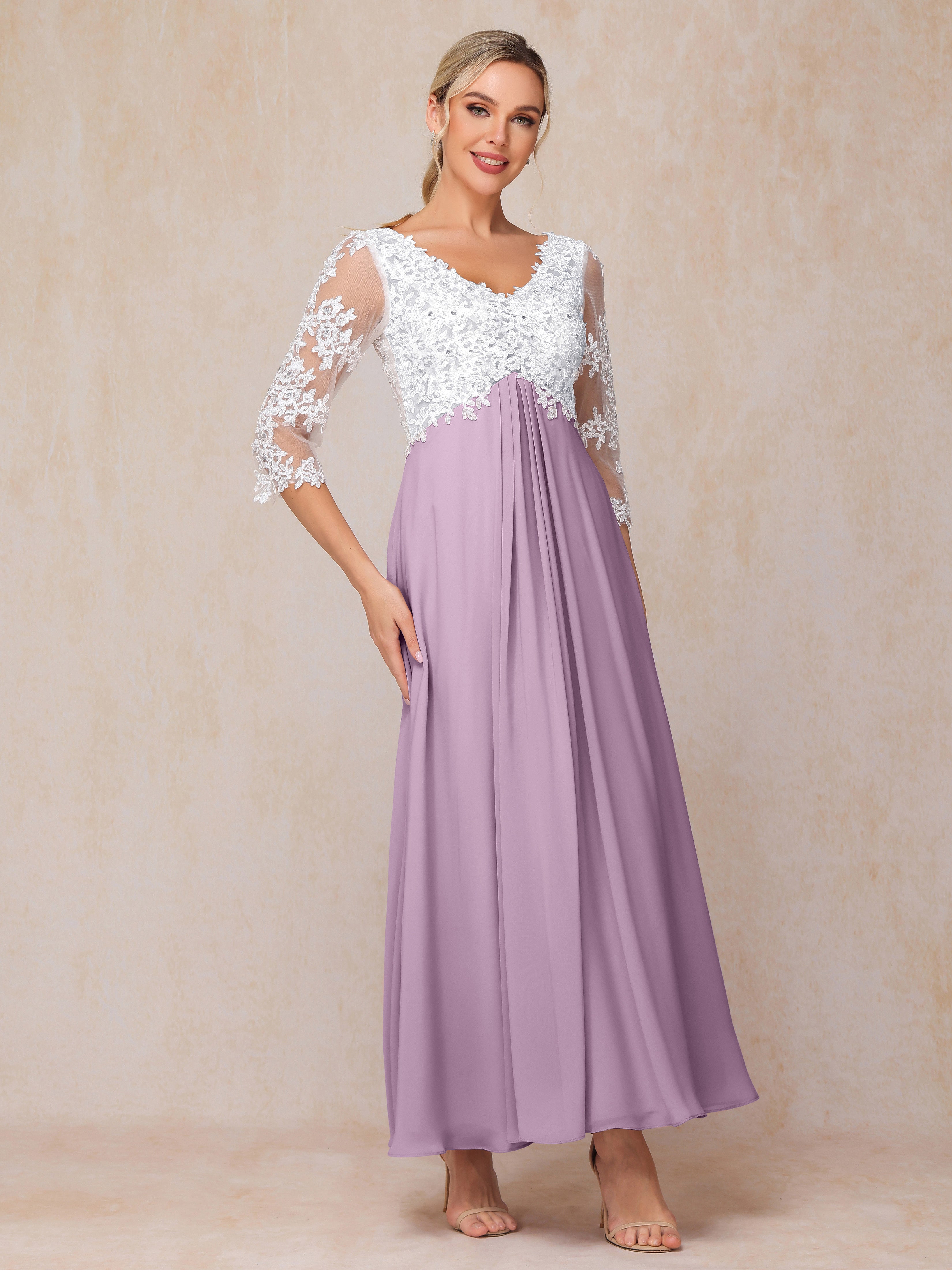 3/4 Sleeves A Line Ankle Length Chiffon Lace Mother Of The Bride Dress