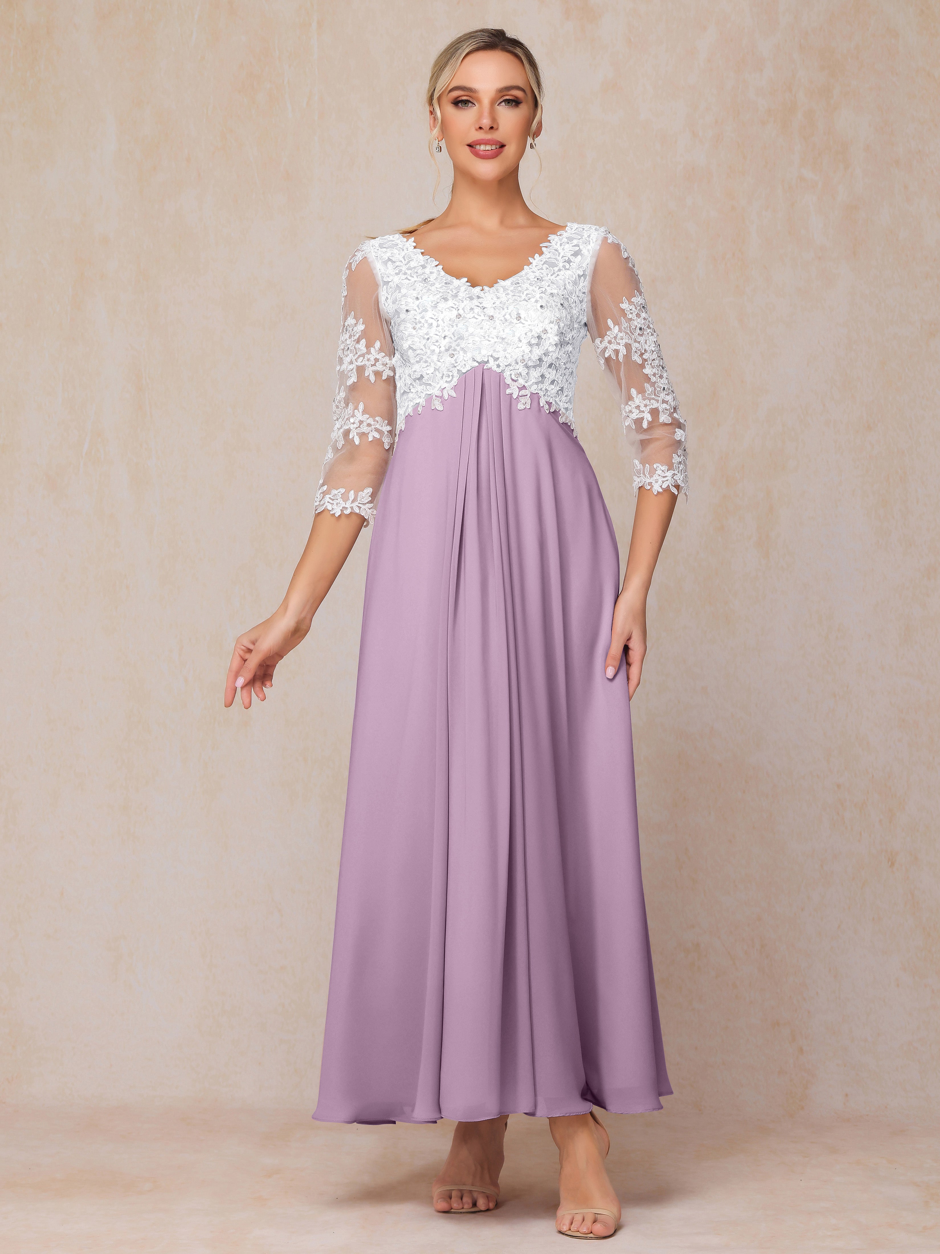 3/4 Sleeves A Line Ankle Length Chiffon Lace Mother Of The Bride Dress