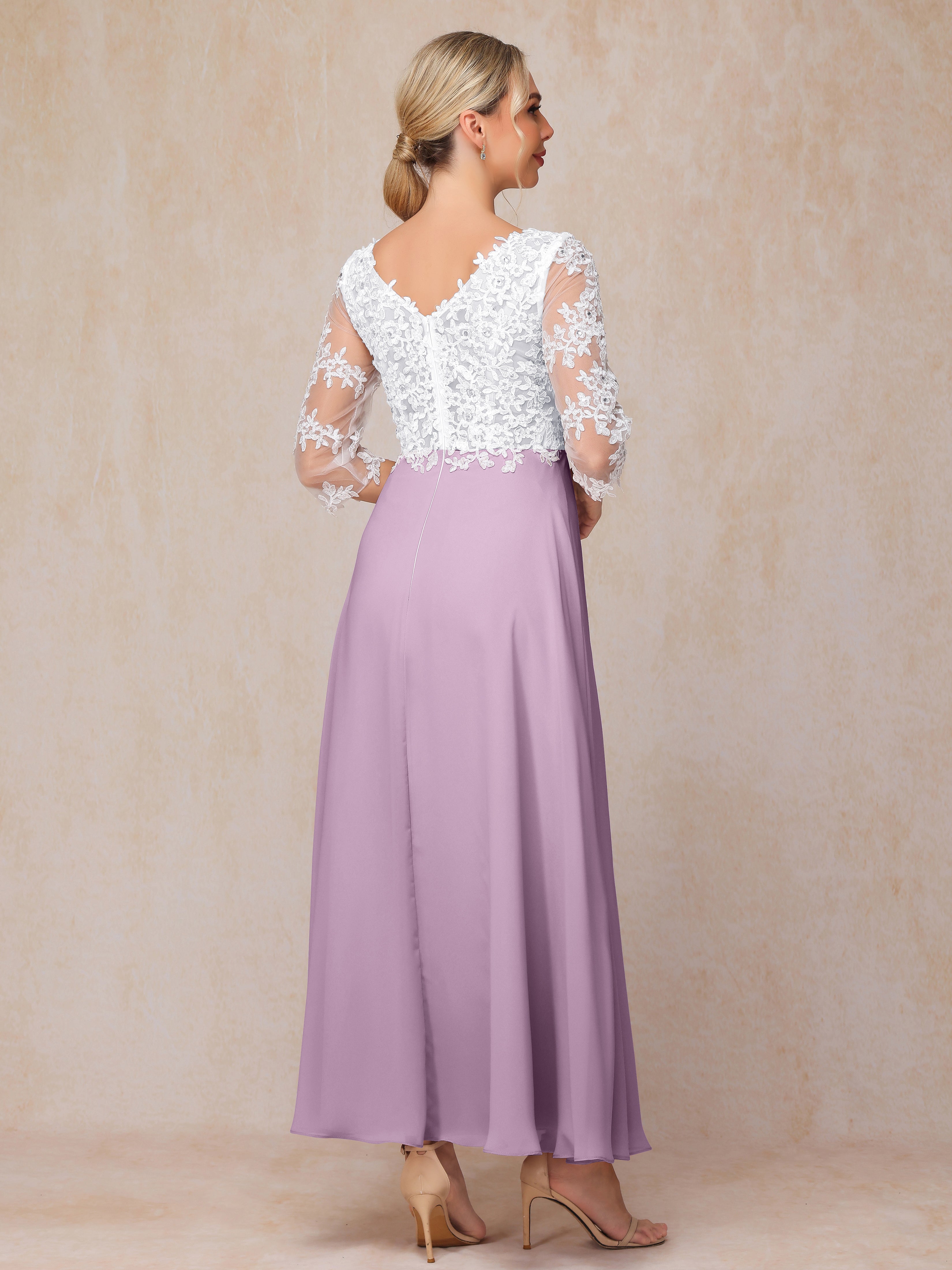 3/4 Sleeves A Line Ankle Length Chiffon Lace Mother Of The Bride Dress